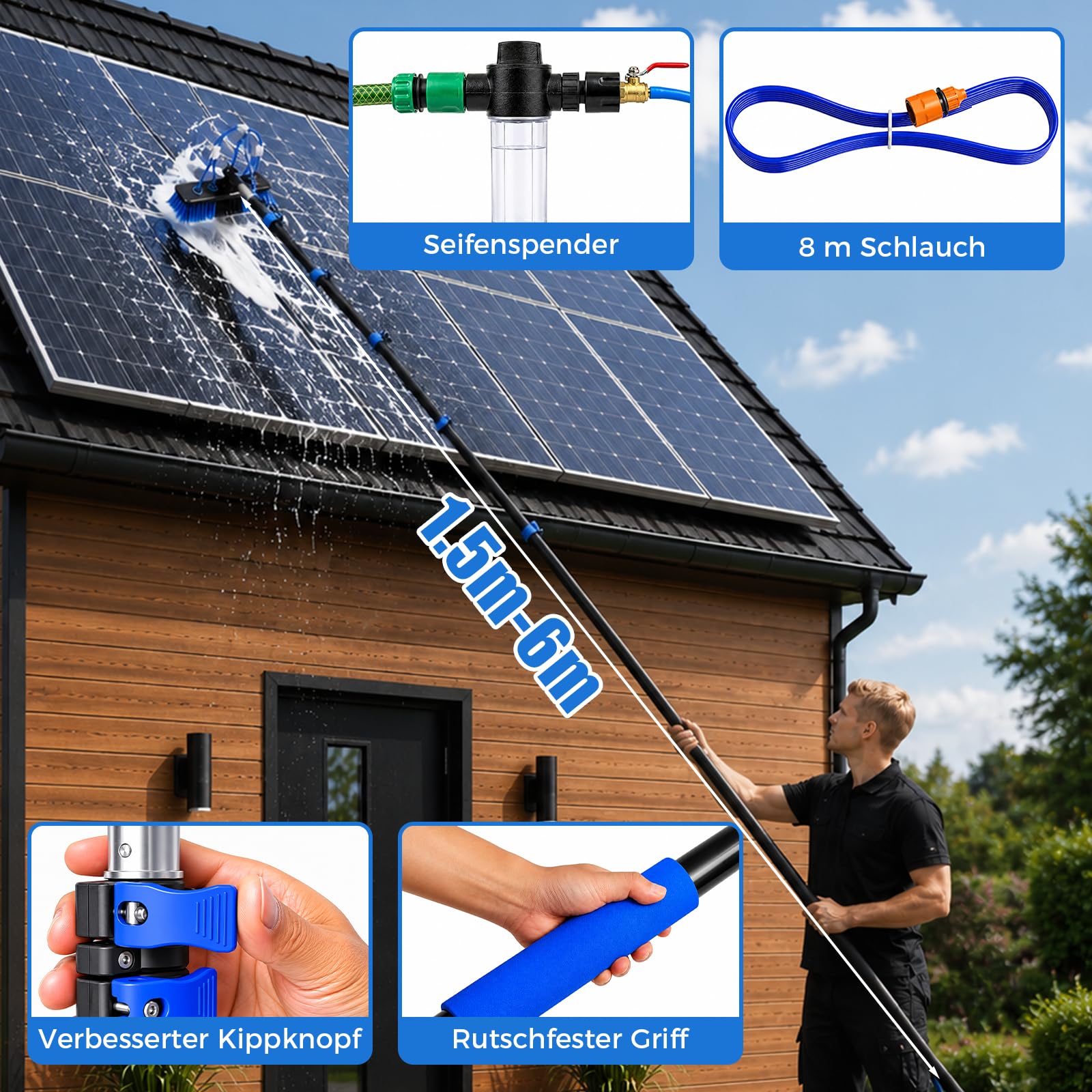 6 m cepillo de lavado telescópico con conexión de agua, set de limpieza para jardín de invierno, incluye cepillo de lavado, limpiacristales, cepillo para eliminar el polvo, dispensador de jabón