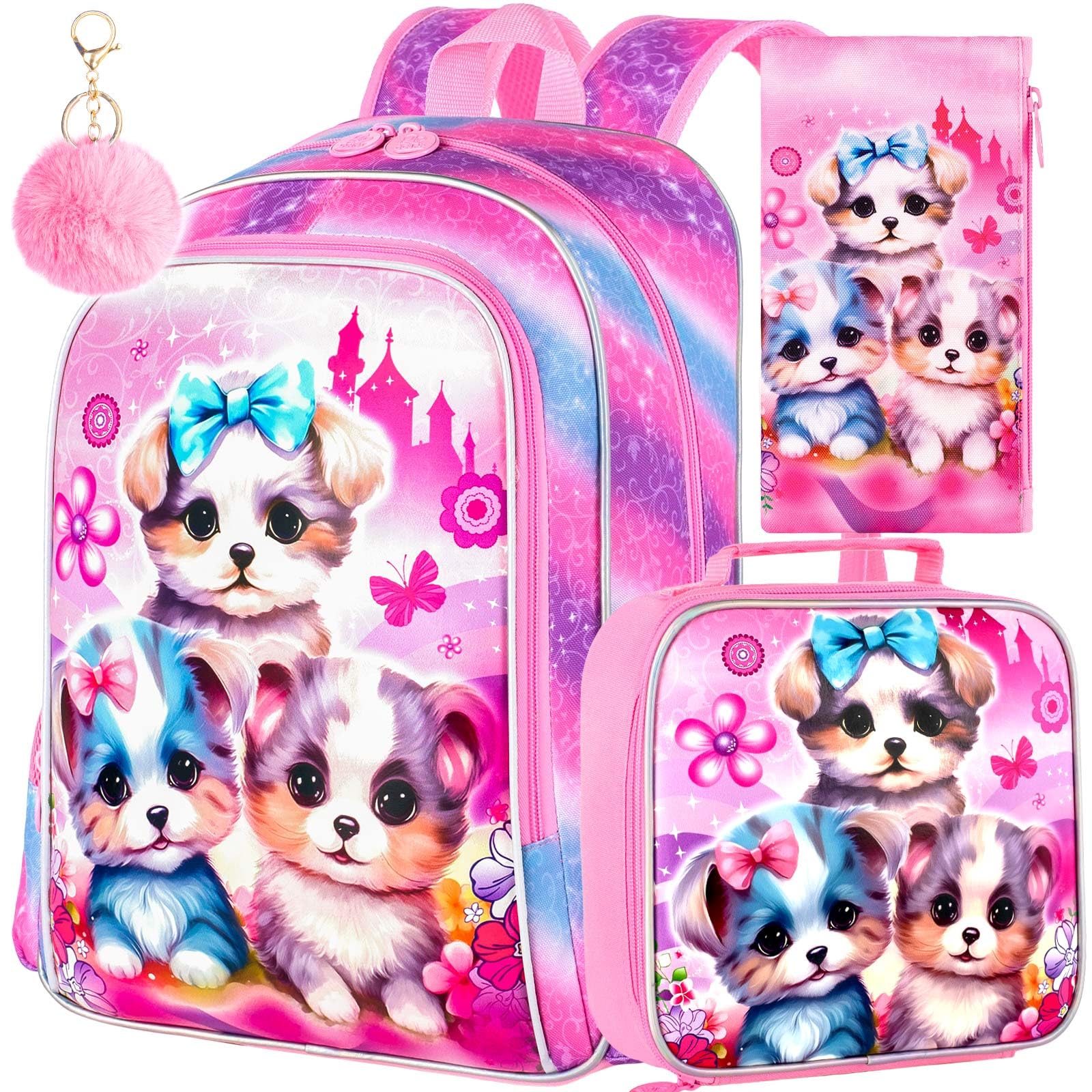 AGSDON 3PCS Backpacks for Girls, 16" Elementary Kids Cute Dog Backpack Preschool School Bookbags and Lunch Box