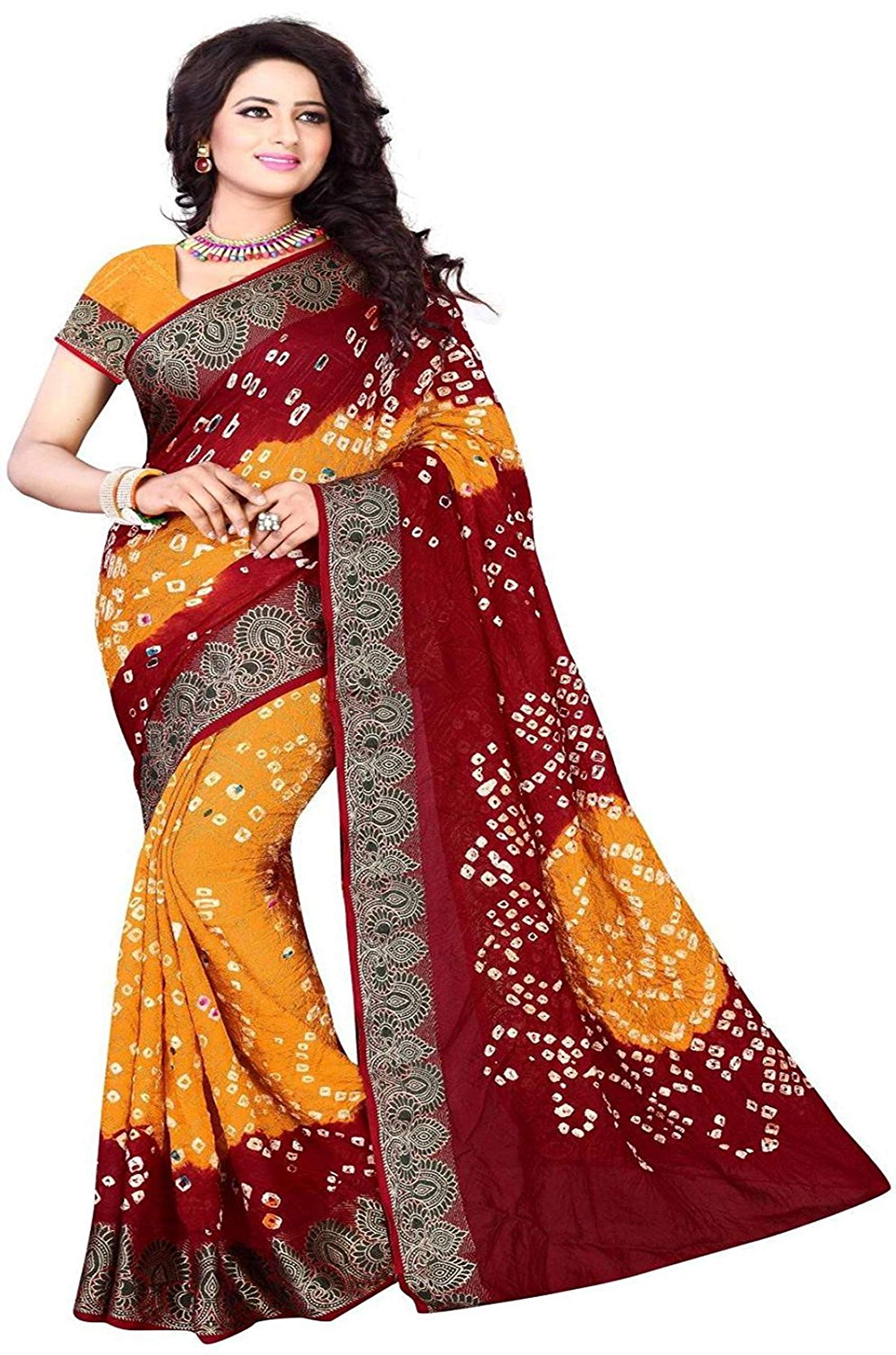 Fabrizo Women's Half Design Art Silk Kanchipuram and Georgette Embroidered Mirror Work Replica Casual Beautiful Saree with Blouse Material for Sadi Offer Marriage (Fb - maroon bandhani ab)