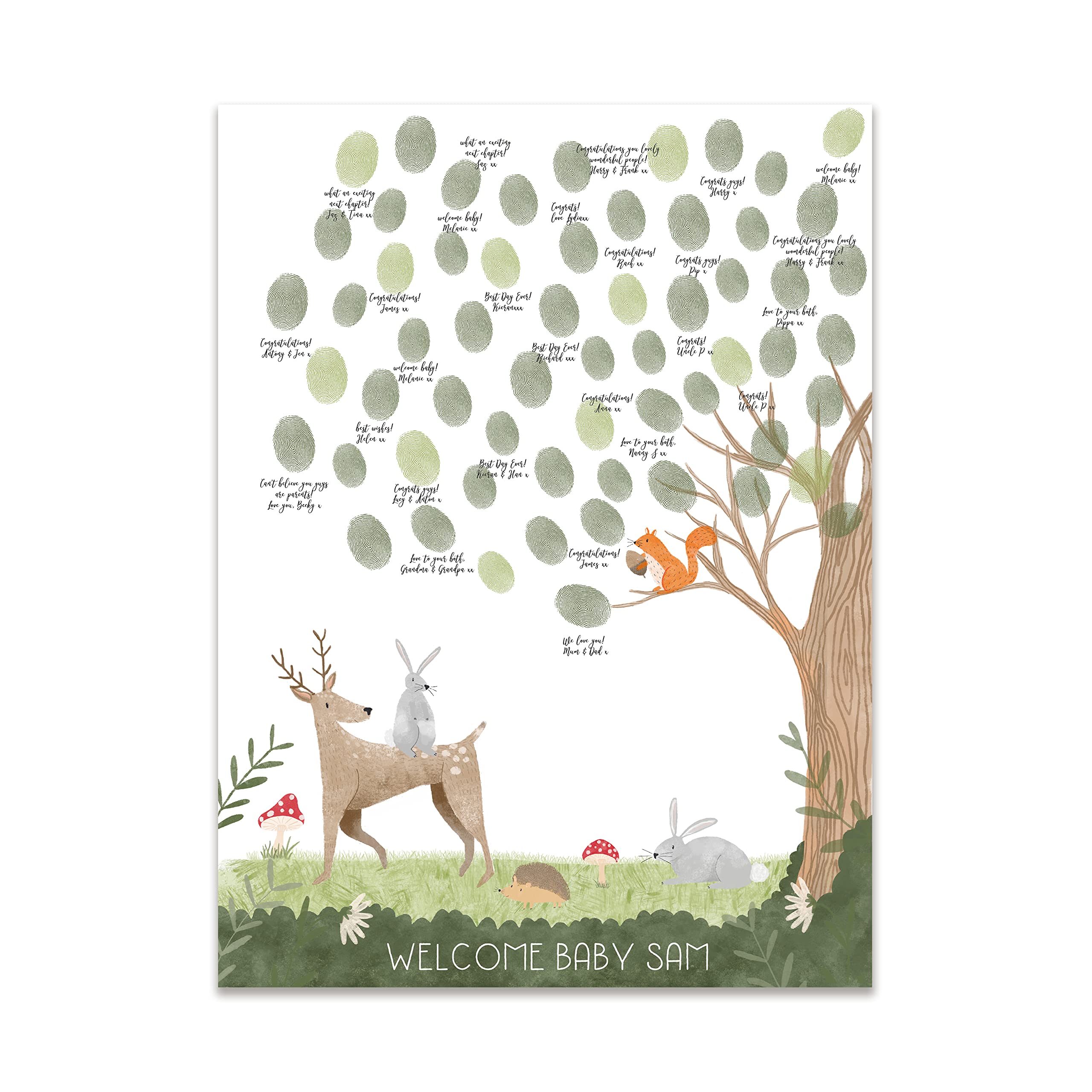 "Personalised fingerprint thumbprint guestbook for baby shower print poster | woodland tree guest book | naming day christening baptism boys girls unisex (A4 GB, A5 sign, inks)"