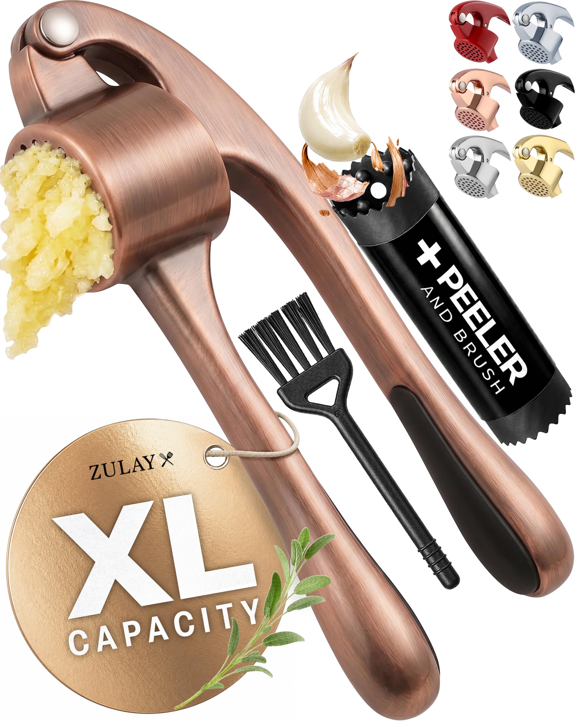 Zulay Kitchen Large Premium Garlic Press Set - Bigger Bowl for Bigger Garlic - Rust Proof Garlic Mincer Tool - Easy-Squeeze, Easy-Clean Silicone Garlic Peeler &amp; Brush (Copper)