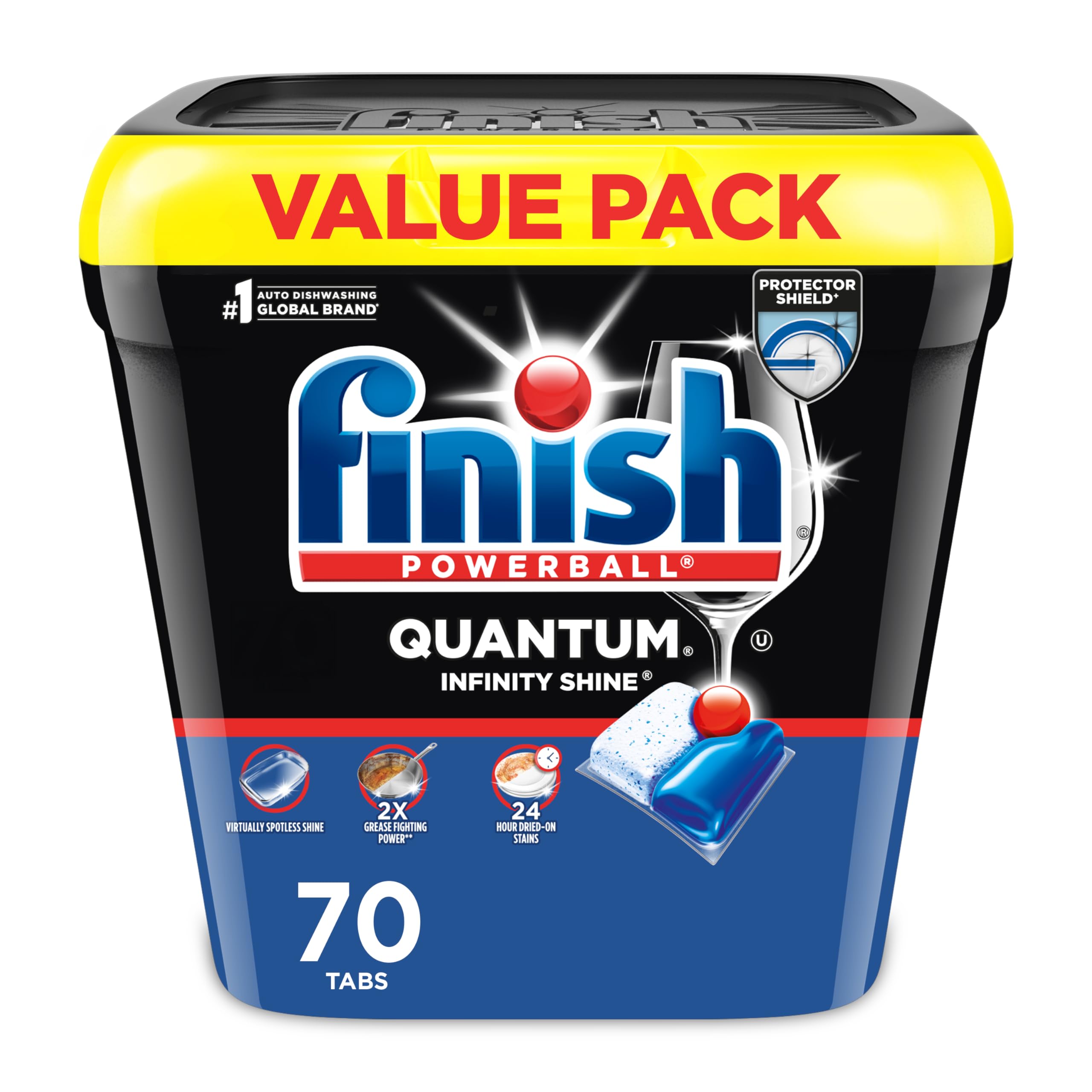 finish quantum infinity shine dishwasher pods, no pre-rinse dishwasher detergent soap removes 24hr dried-on stain and grease, leaving a virtually spotless shine, 70 count