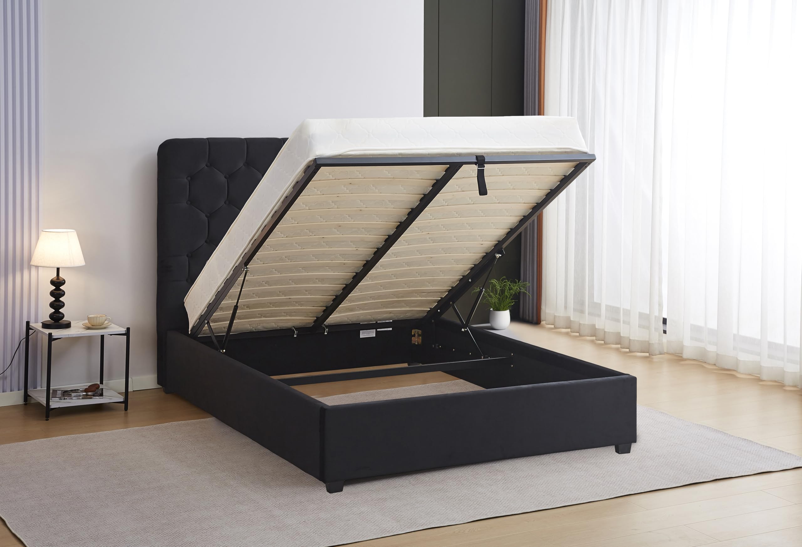 Seconique Madison 5' King Ottoman Gas Lift Storage Bed in Black Velvet Fabric