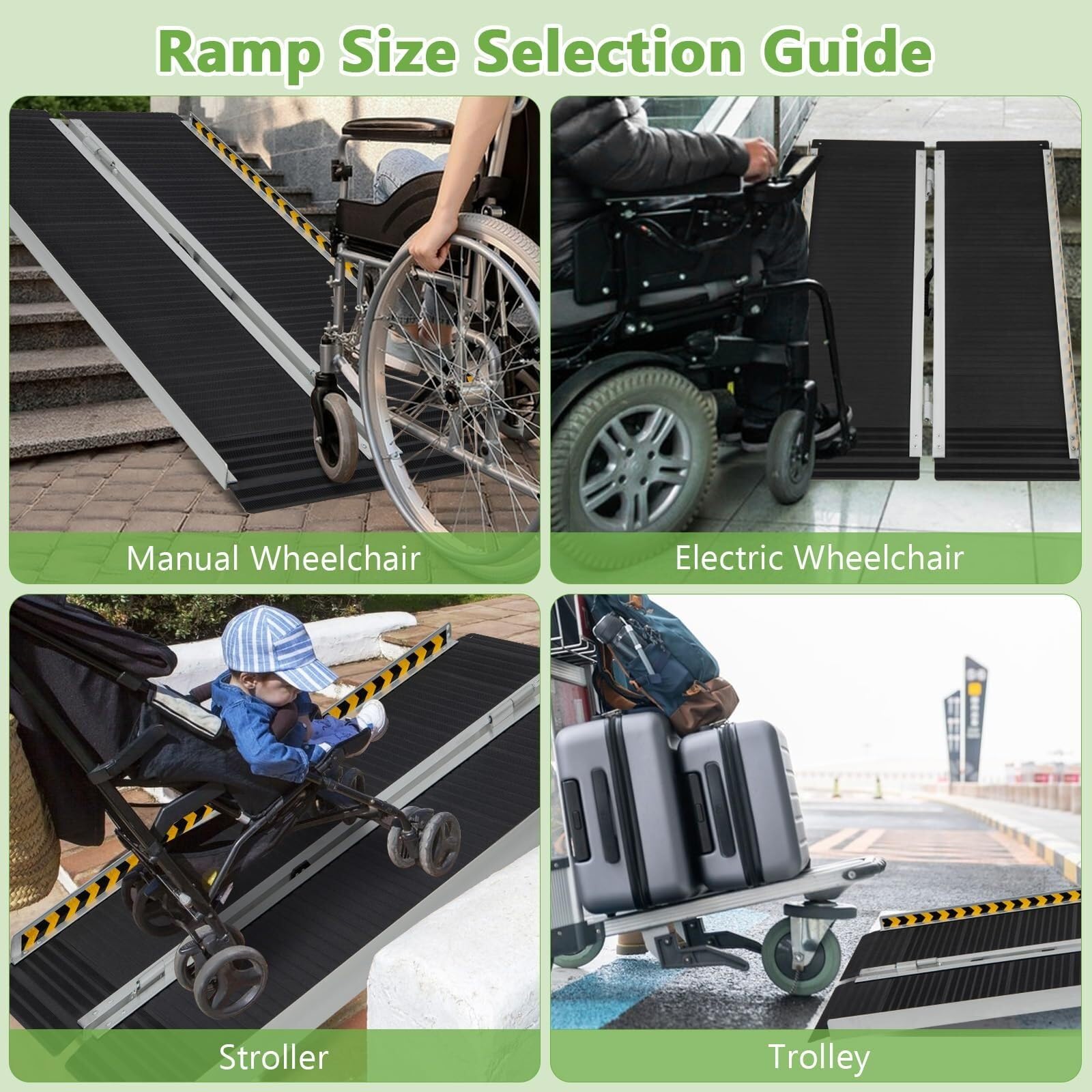 Rampa plegable portátil de aluminio para silla de ruedas con placa de transición y calcomanías reflectantes, umbral antideslizante para escalones y escaleras del hogar, capacidad de 272 kg