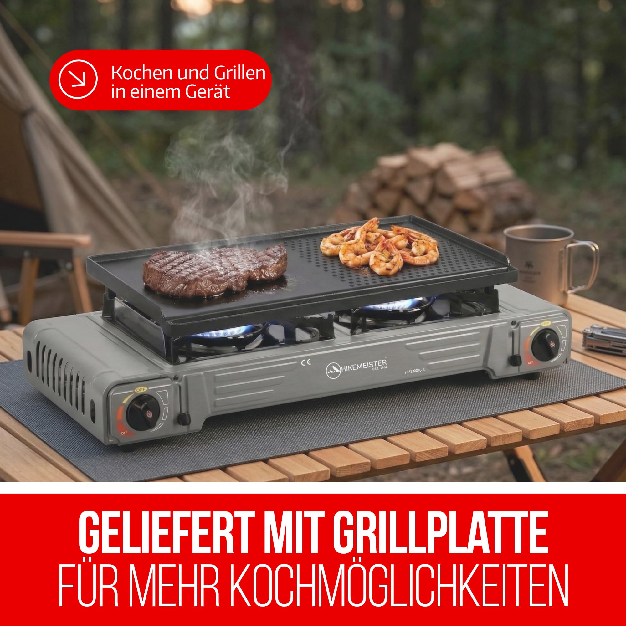 Hikemeister® Réchaud de camping à 2 feux avec plaque de cuisson et 12 cartouches de gaz - Réchaud à gaz portable 2 x 2,2 kW avec mallette de transport - Cuisinière à gaz d'extérieur pour camping