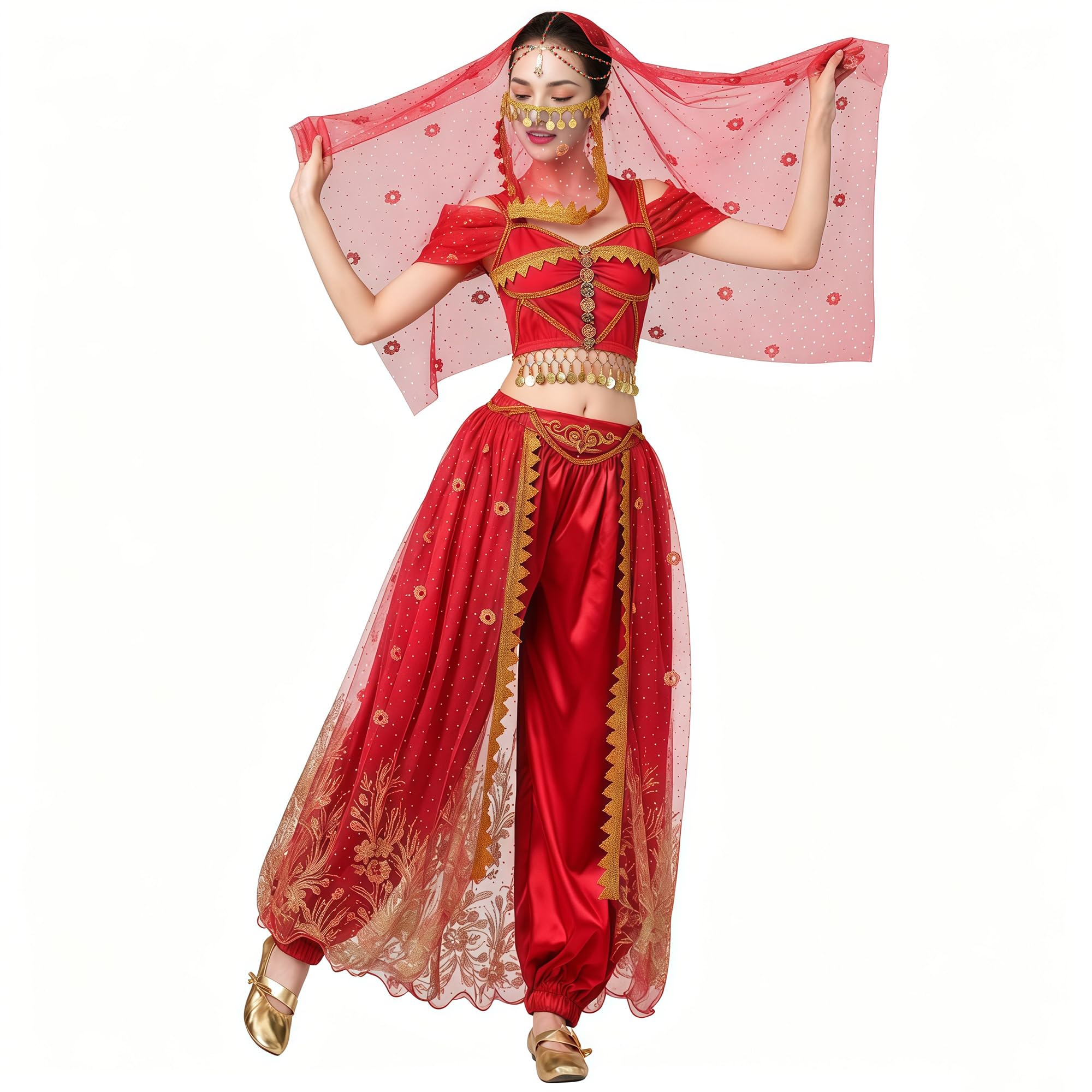 Jasmine Genie Princess Costume Women Arabian Nights Belly Dance Costume Halloween Carnival Cosplay Outfits Red M — image 1