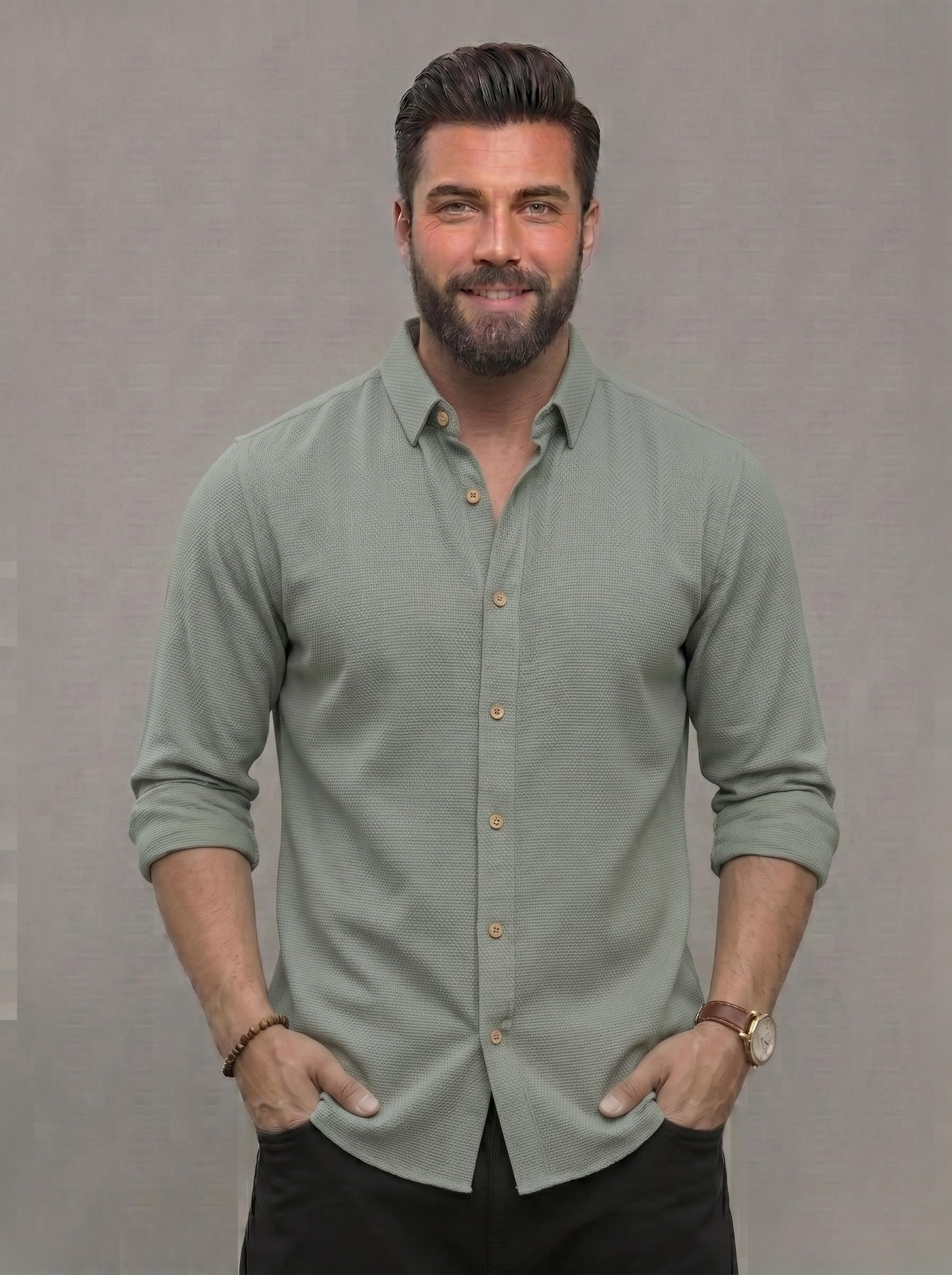 NexaFlair Men Linen Cotton Solid Shirt | Casual | Plain | Full Sleeve | Summer-Regular Fit| Stylish Shirt | Everyday Formal Wear (Alpha, L, Regular, Grey)