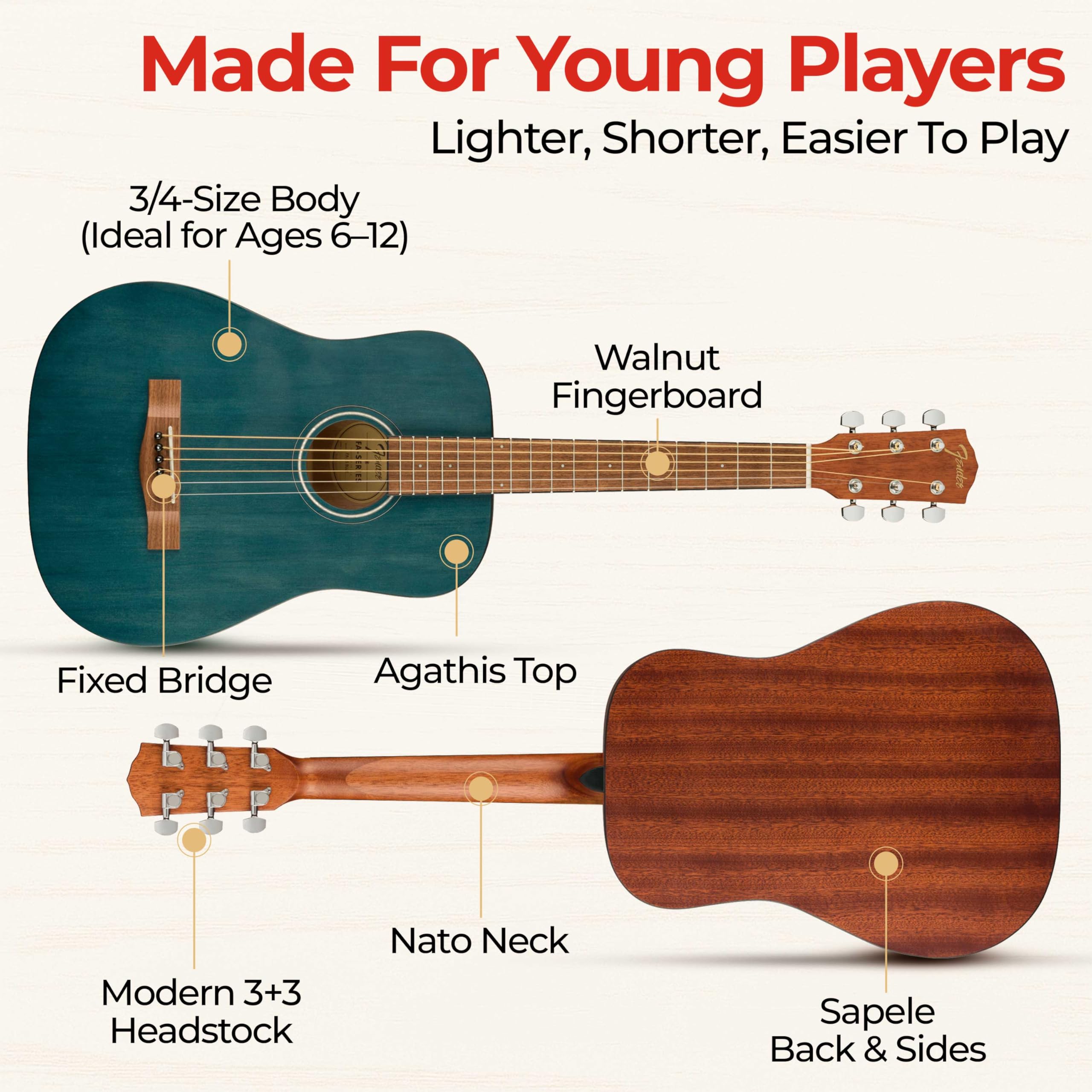 Amazon | Fender FA-15 3/4-Scale Kids Steel String Acoustic
