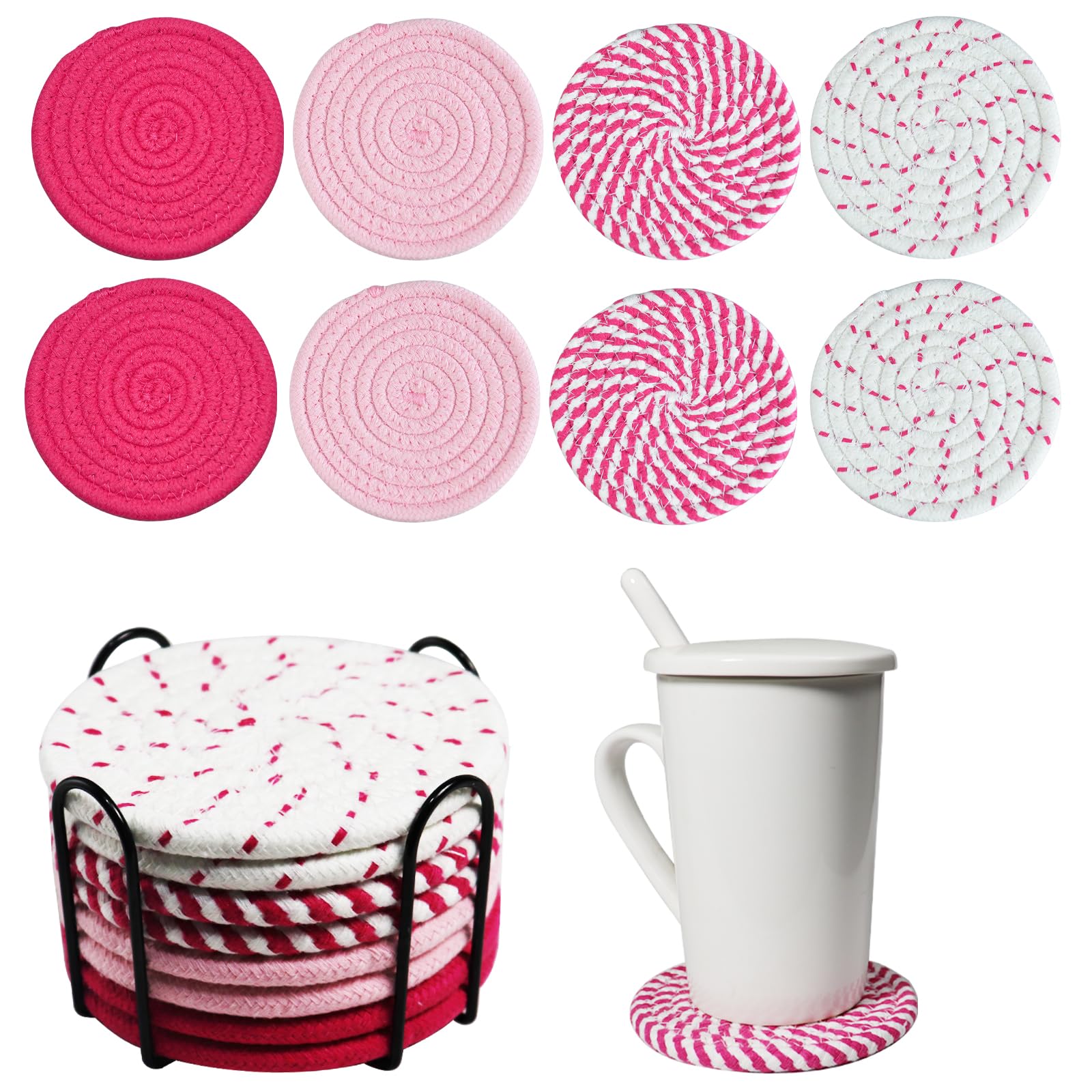 Cglrybo Women's Pink 6/8 Pcs Vintage Round Woven Coasters，Absorbent & Heat-Resistant For Home Coffee Table Desk Cups Tabletop Protection，Boho Decor For Living Room, Birthday Gifts For