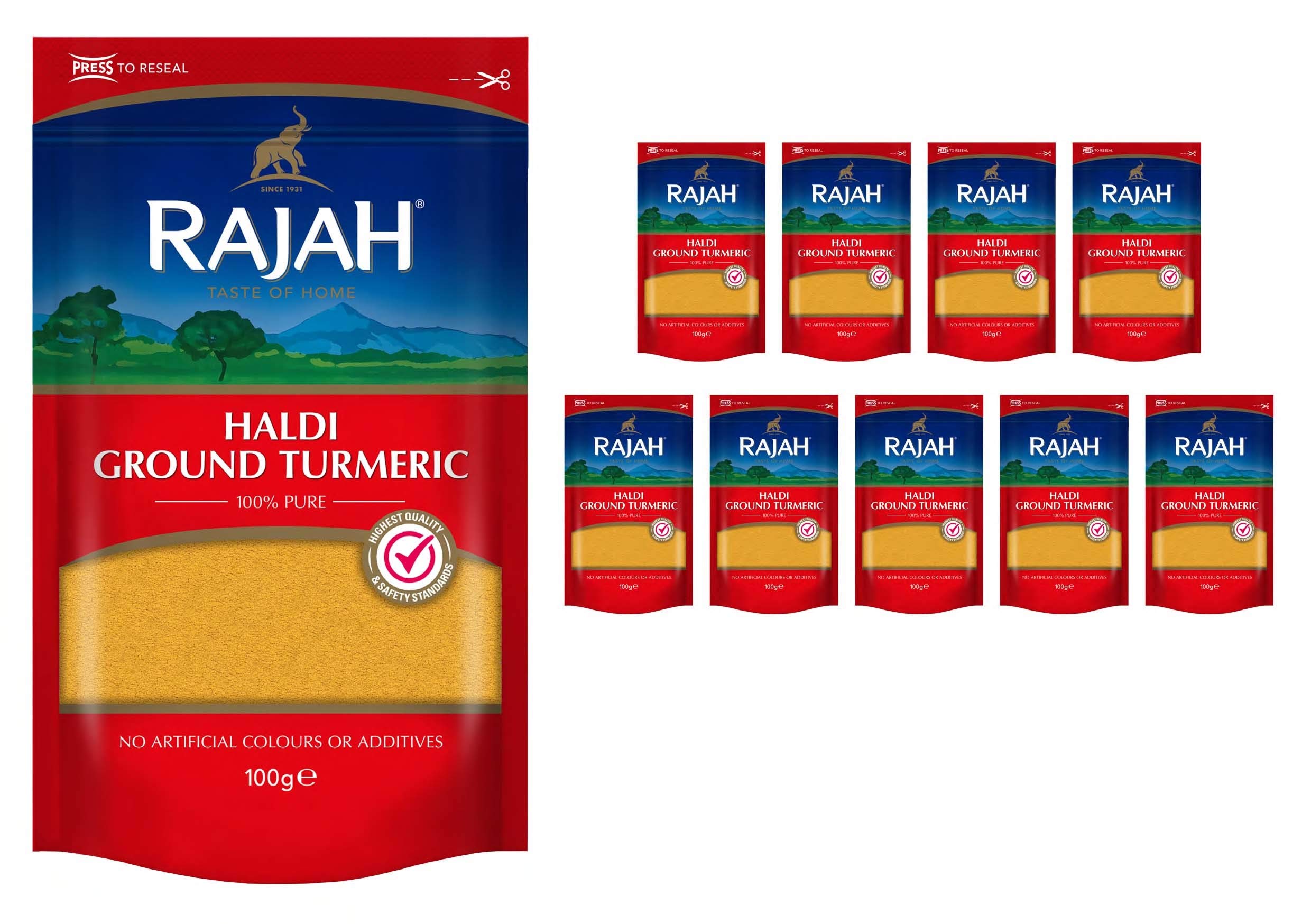 RajahSpices Haldi Ground Turmeric | Holud | Haldi | Haldar | Haladi | (100g (Pack of 10))