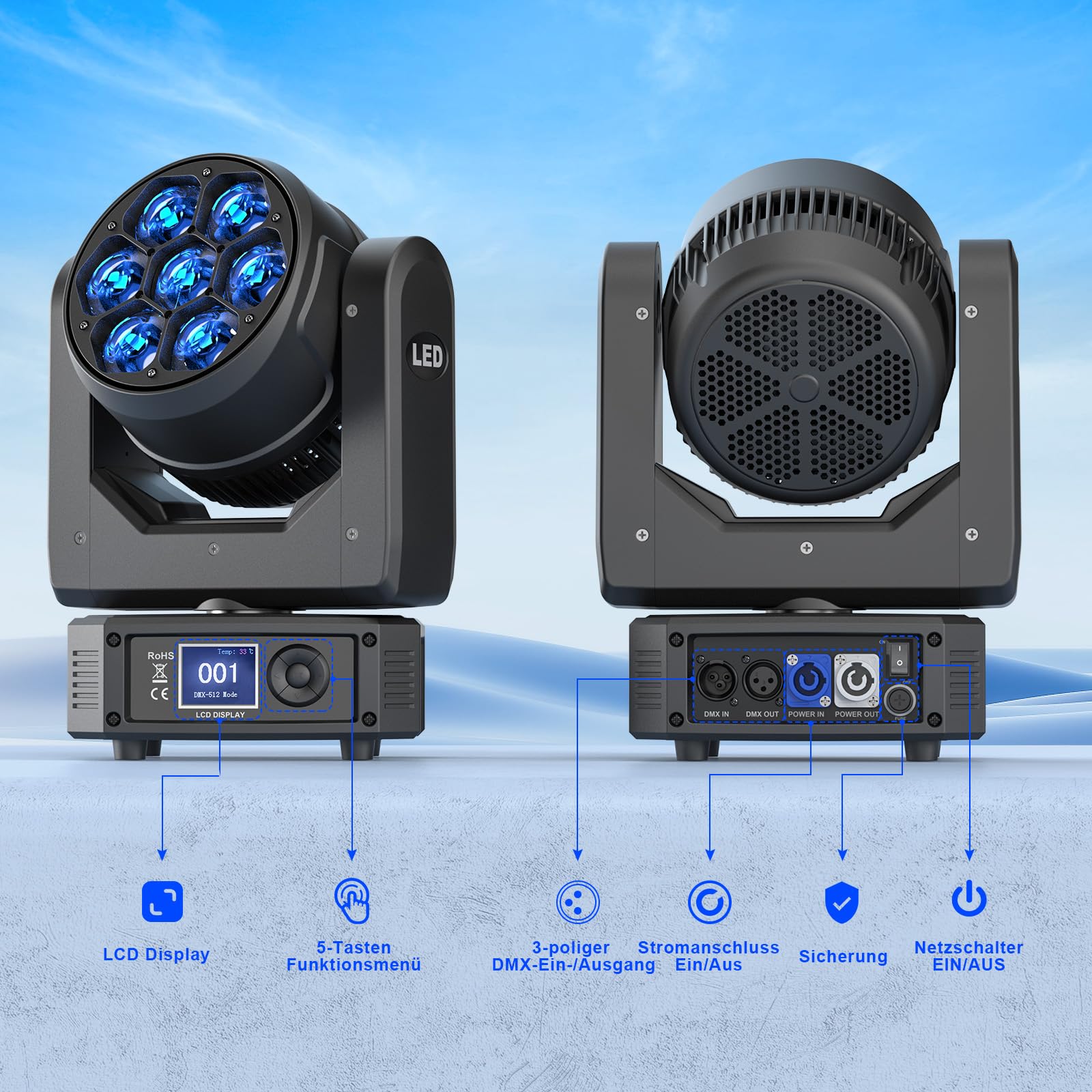 7X40W Teste Mobili LED RGBW Luci Discoteca Beam Funzione Zoom Effetto Luce Discoteca per Natale Feste Concerti Matrimoni Discoteca Eventi Bar Club