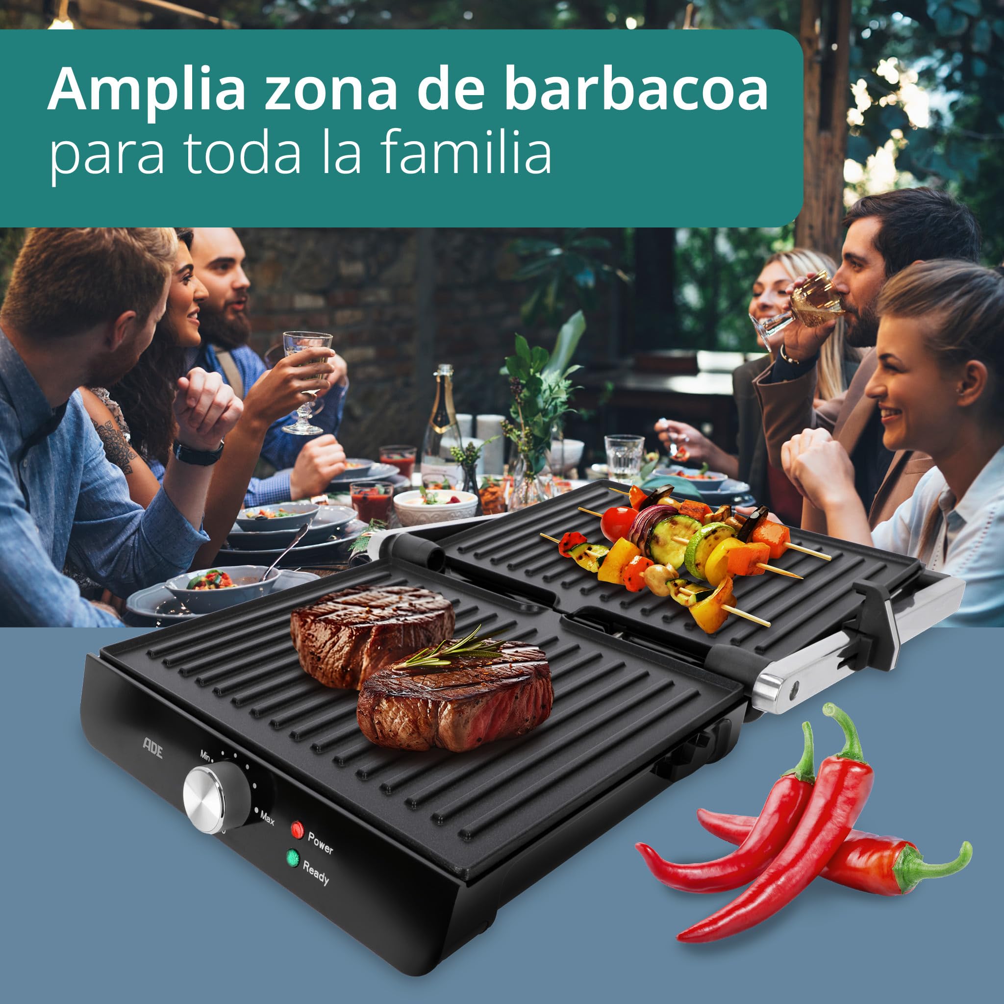 ADE Parrila eléctrica | sandwichera 3 en 1 | parrilla y plancha de cocina antiadherente | grill de mesa para sandwiches, panini, verdura | grill de 2.000 vatios | negra