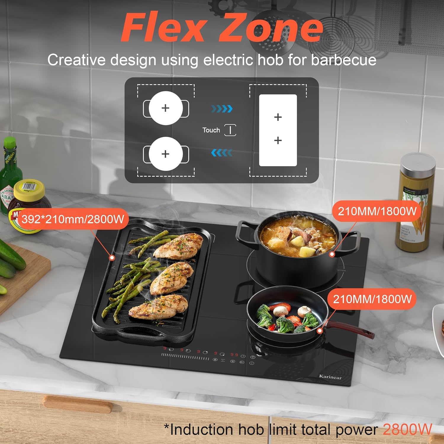 Image demonstrating the Flex Zone feature with a large grill pan spanning two cooking areas.
