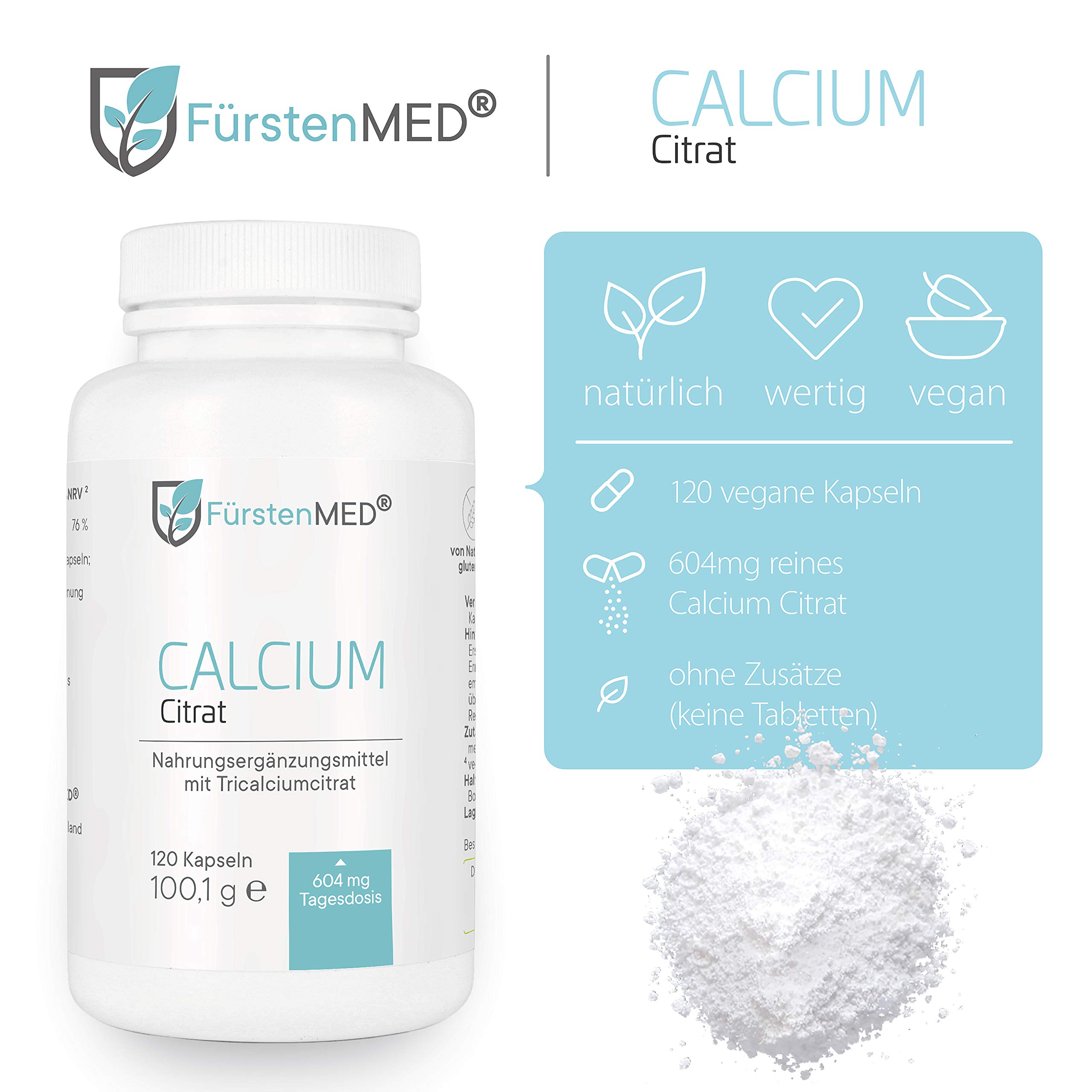 FürstenMED® 120 Calcium Citrat Kapseln (Hochdosiert) - Reines Tricalciumcitrat - Vegan - Laborgeprüft & Ohne unerwünschte Zusatzstoffe