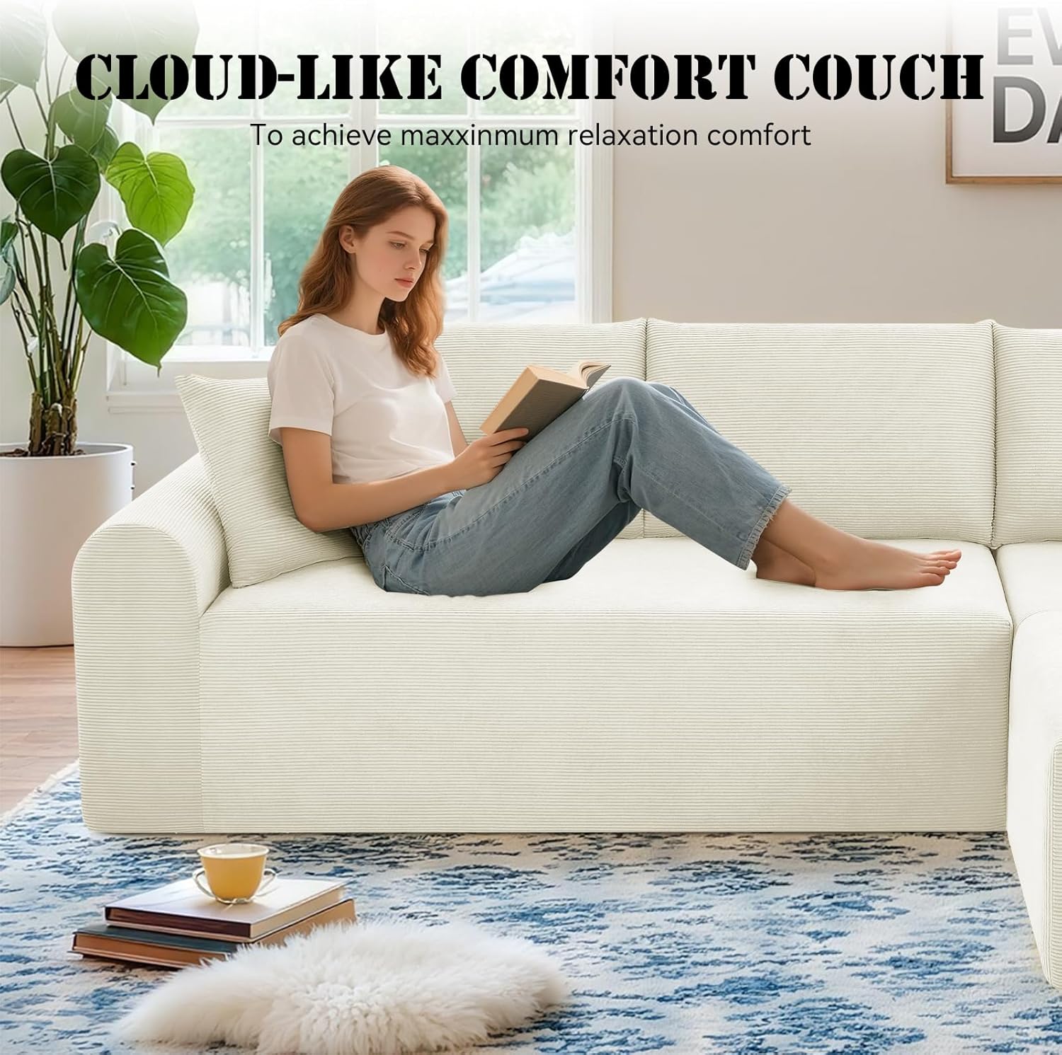 Cloud Modular Sectional Couch for Living Room,Modern L-Shape Sofa Couch with Chaise, Upholstered Modular Sectional Sofa with Deep Seat,No Assembly Required(Beige, Right Facing Chaise)