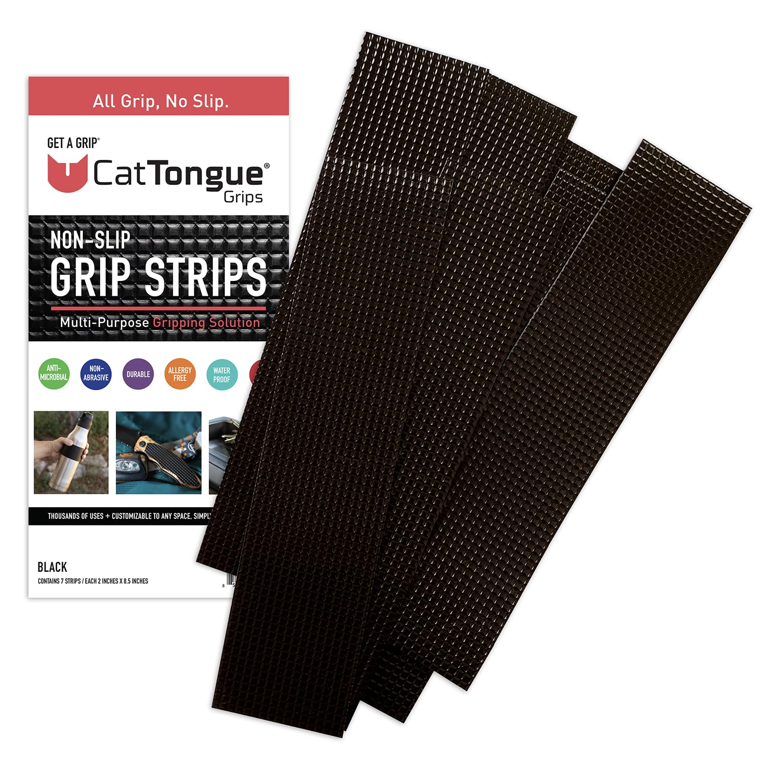 CATTONGUE GRIPS 2” Non-Abrasive Grip Tape Strips - Heavy-Duty, Waterproof Anti-Slip Tape for Furniture, Bathtubs, Frames, Gaming & More - Indoor & Outdoor Anti-Slip Solution (Black)