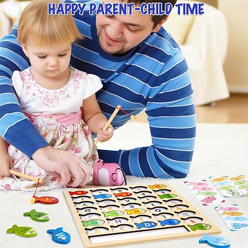 Miniatura 7 de Juego de pesca magnética de madera, rompecabezas Montessori preescolar del alfabeto ABC aprendizaje juguetes educativos con tarjetas de palabras,