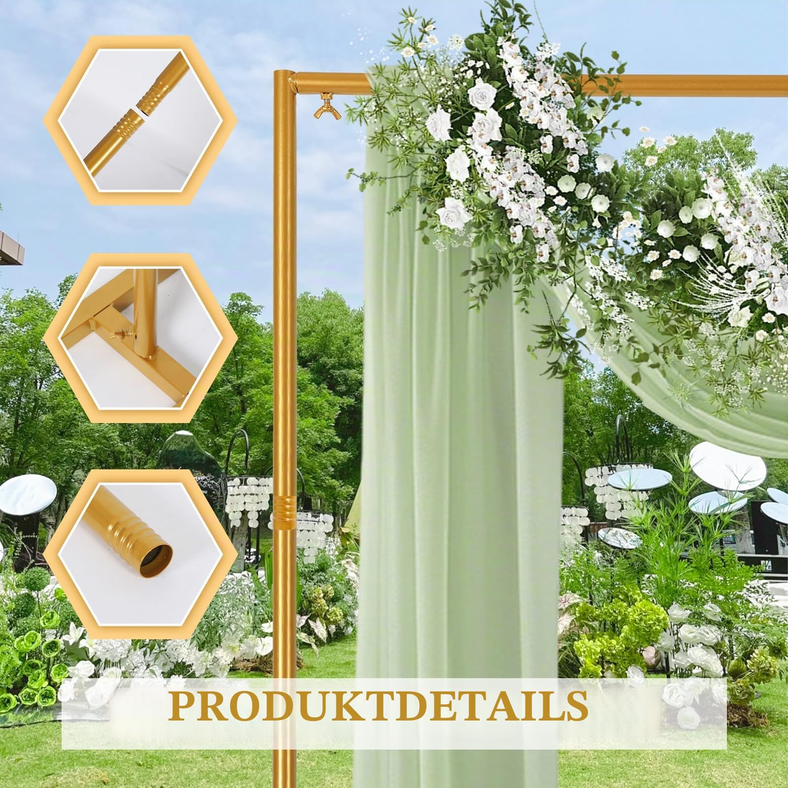 Hochzeitsbogen Hintergrundständer, Goldener Metallrahmen Quadratisch Ballonbogen Gestell Blumenrahmen Hintergrund für Hochzeitszeremonie, Fotoautomaten, Party Dekoration (2x2M)