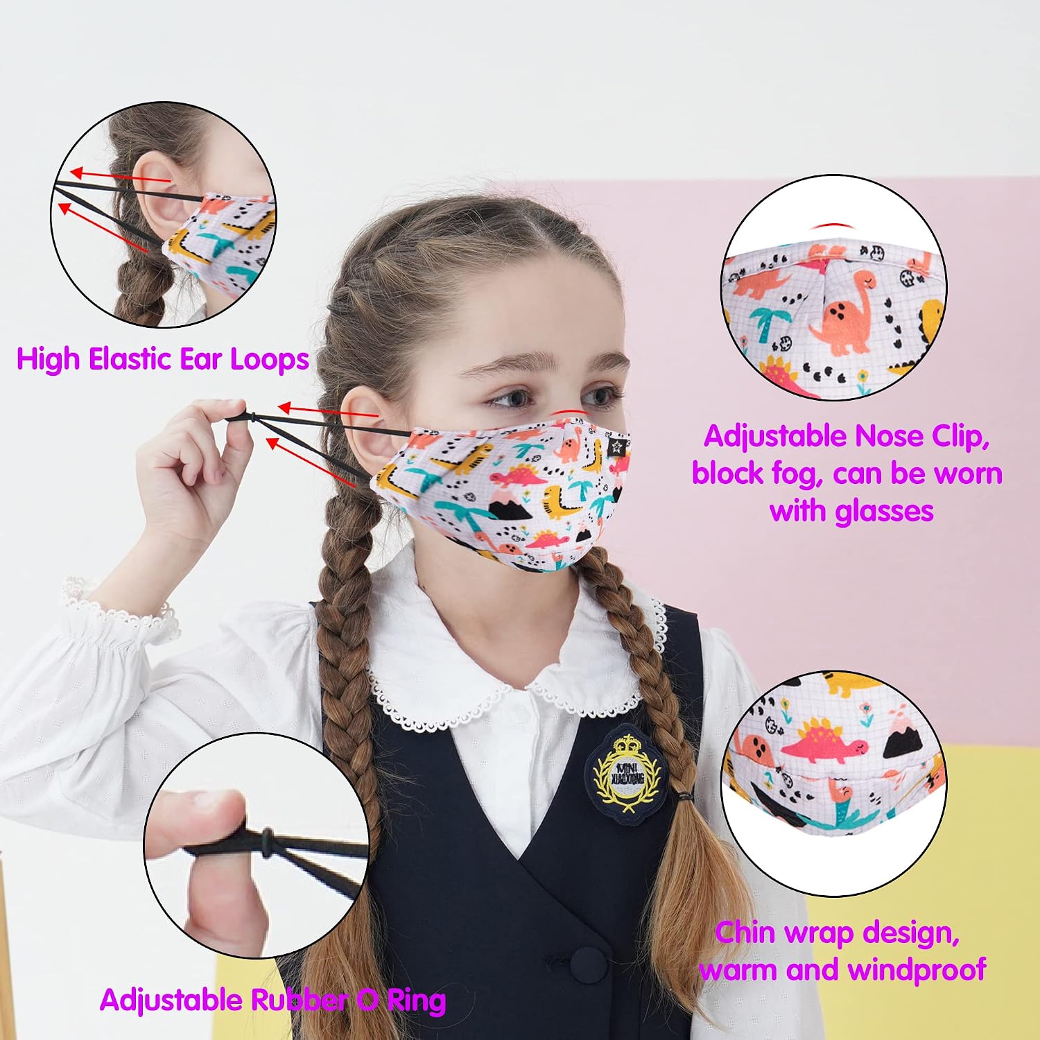 SPRING SEAON 5pcs Kids Cotton Face Covering Set Reusable Washable Cute Pattern 3 Layers Adjustable Dust Cover for Boys Girls