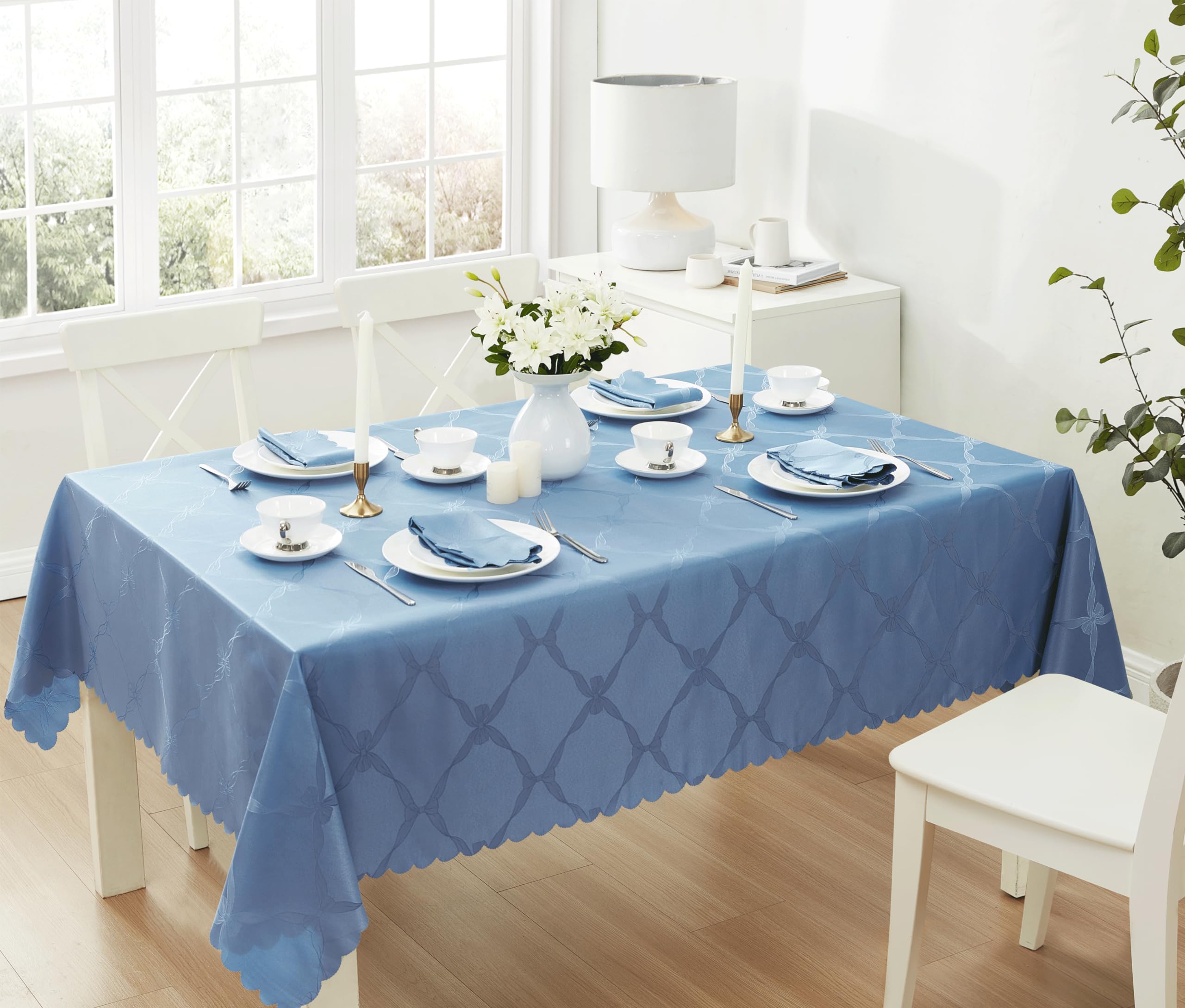 Newbridge Ribbons and Bows Damask Spring & Easter Holiday Fabric Tablecloth, Blue, 52 x 70 Inch Rectangle, Wrinkle & Stain Resistant Table Cover