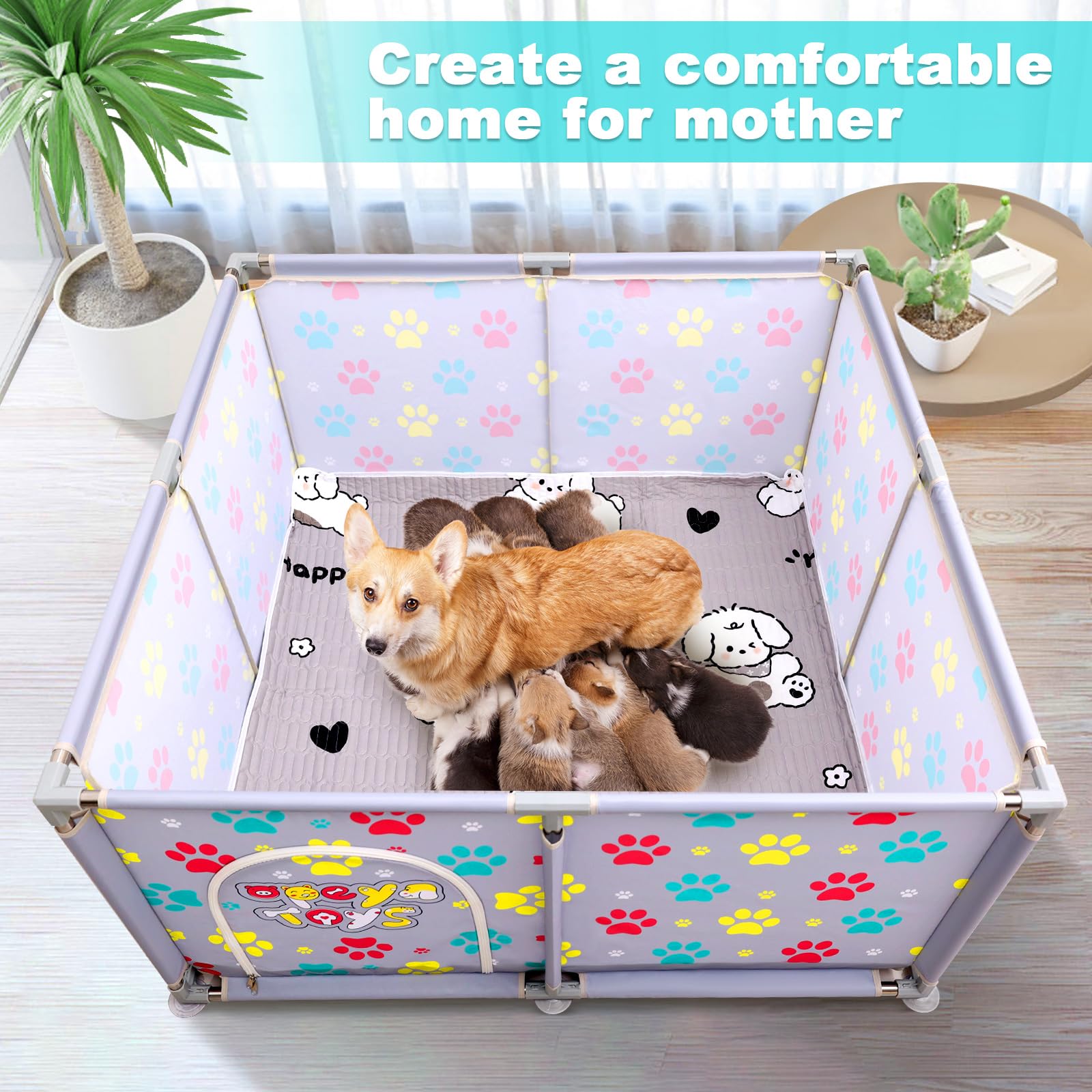 Caja de parto para perros, corral extra alto de 24.8 pulgadas con almohadilla de parto, suministros de parto para perros cachorros, caja de parto para perros grandes y pequeños (47 pulgadas de