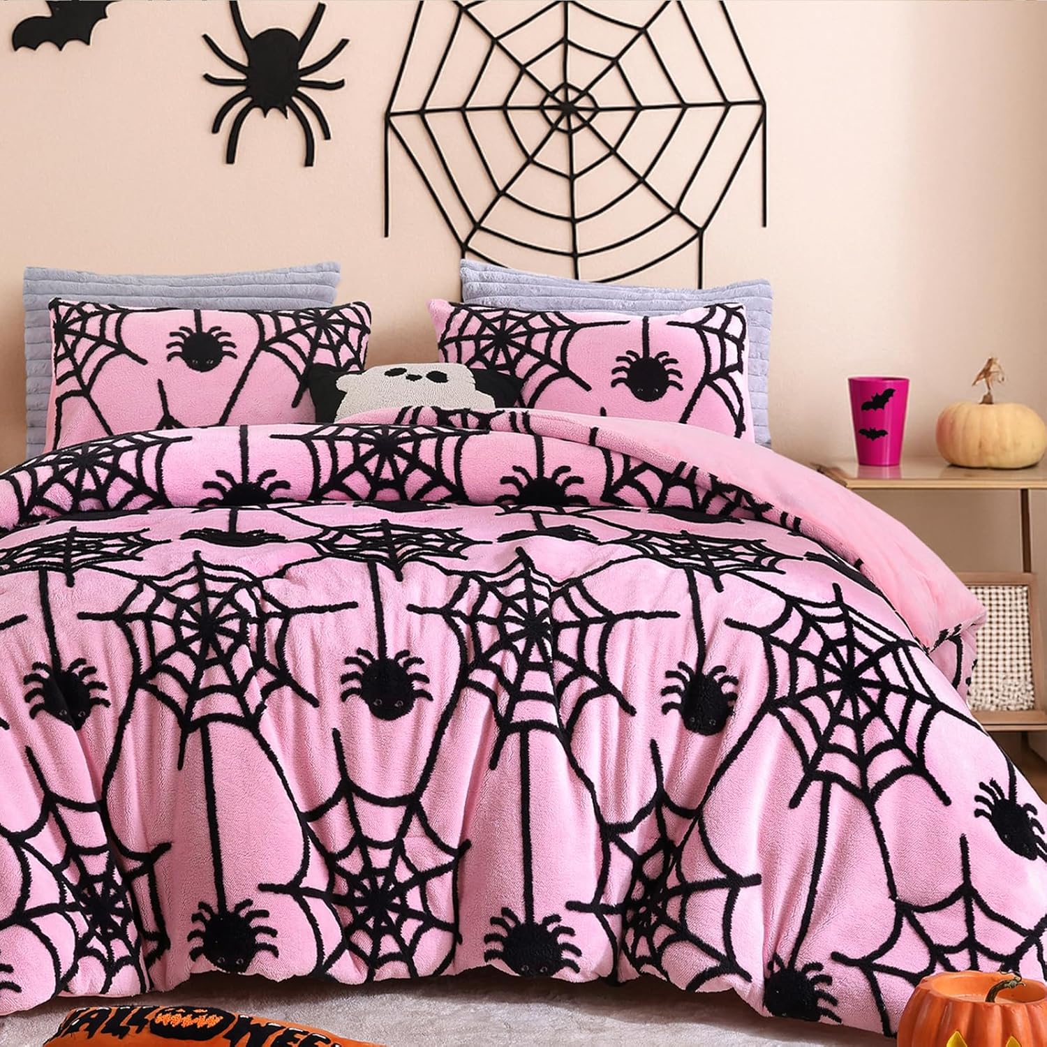 weigelia Halloween Comforter Set Full Size – 3-Piece Pink Halloween Theme Comforter with Spiders and Spiderwebs, Soft Velvet Lightweight Bedding Set (1 Full Comforter + 2 Pillowcases) Pink Spider Full