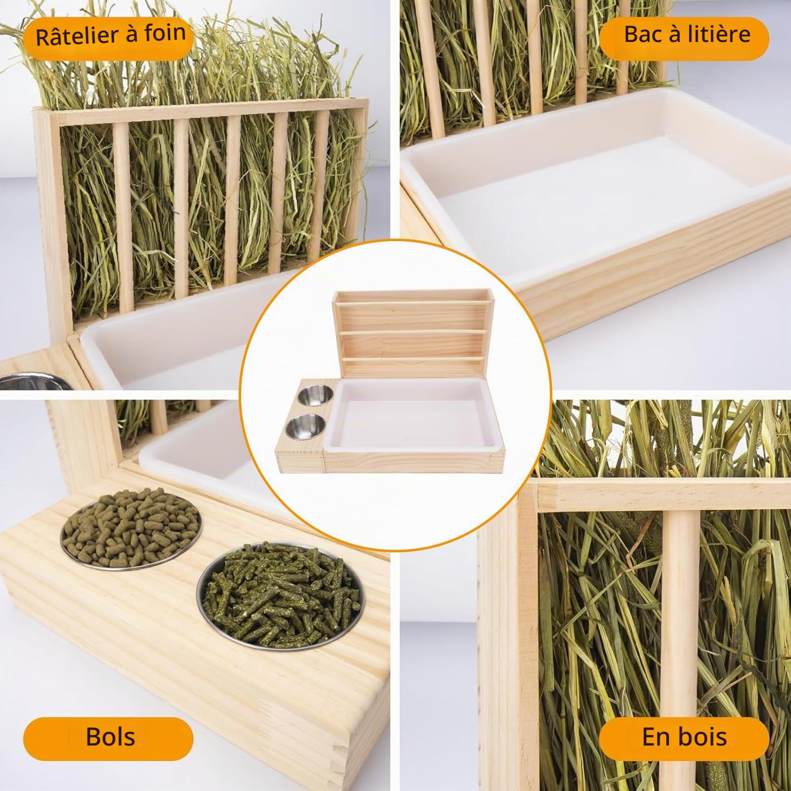 HEEPDD Distributeur de Foin pour Lapin 3 en 1 en Bois, Mangeoire à Foin avec Râtelier et Boîte, Design Anti-Basculement Stable, Râtelier à Foin pour Lapins, Cochons d'Inde et Petits ANI