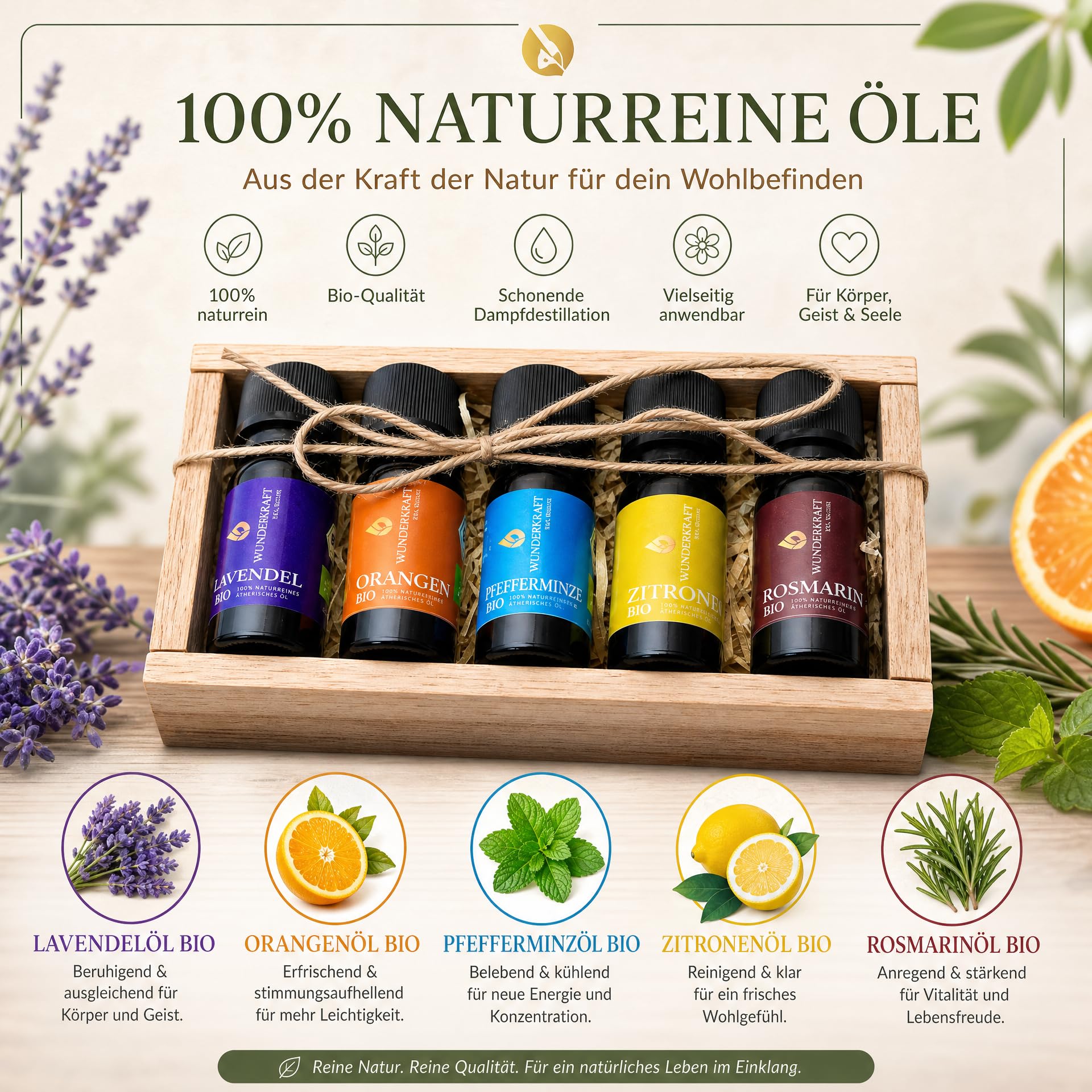 Bio Ätherische Öle Geschenkset 5 x 10 ml, Lavendel, Orange, Zitrone, Pfefferminze & Rosmarin – Naturreine Bio Duftöle in handgefertigter rustikaler Holzkiste, Für Diffuser, Aromatherapie, Saunaaufguss