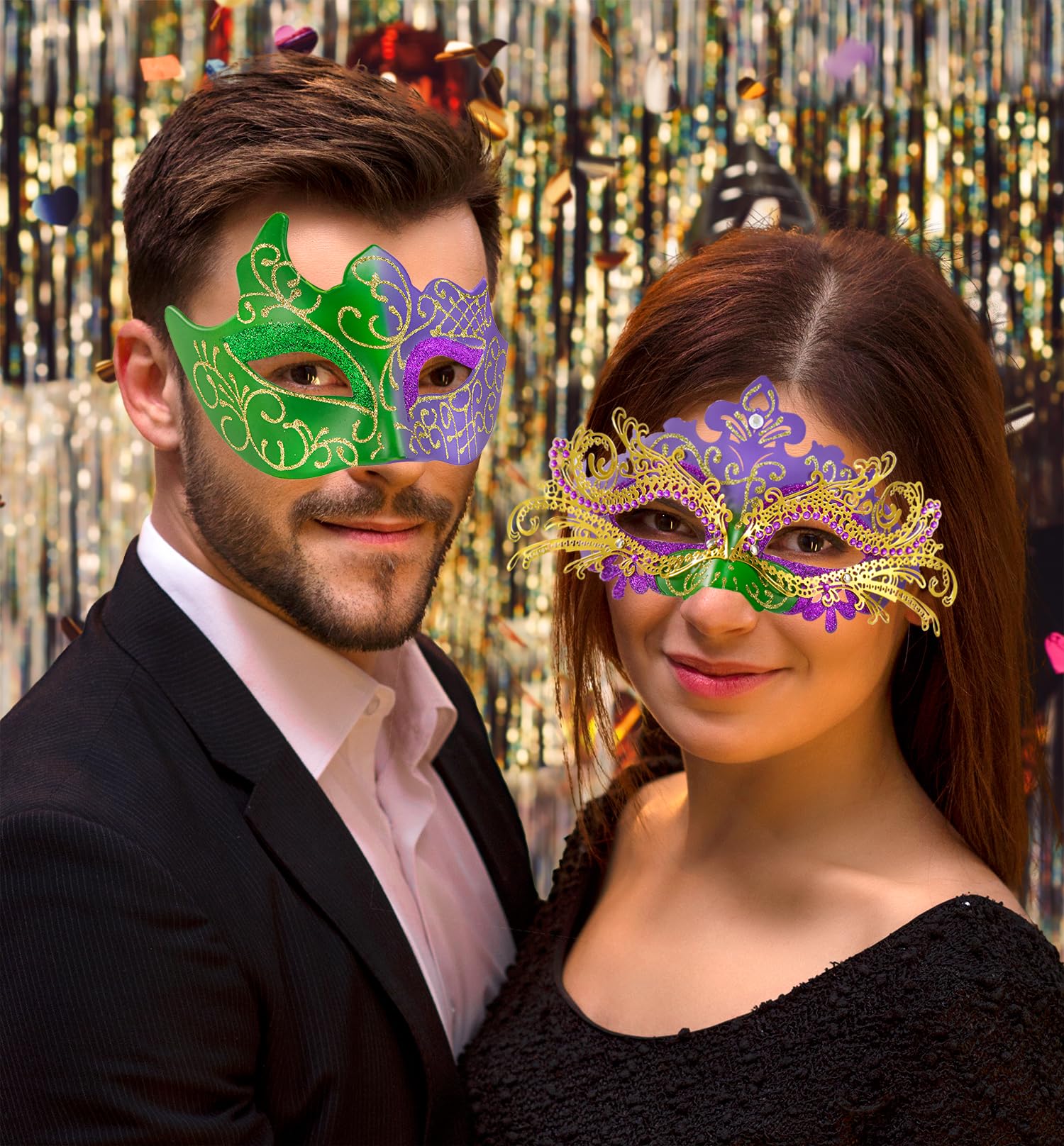 MYSEUNI Mardi Gras Mask for Women & Mens Venetian Carnival Mask, Shiny Rhinestone Masquerade Party Mask Set - Image 2