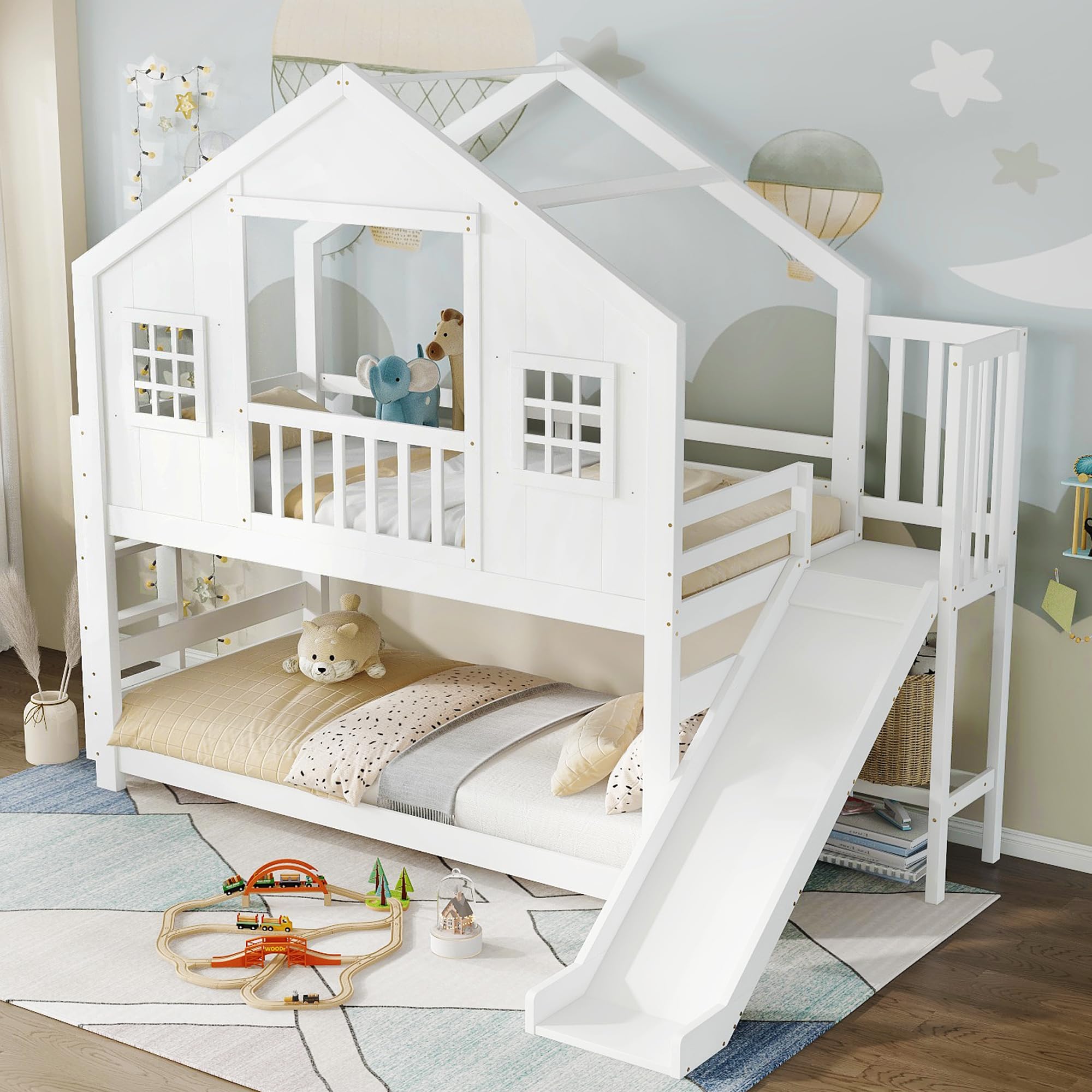 MYBOO Kinderbett Etagenbett 90x200, Hochbett Hausbett mit Rutsche&Leiter&Fenstern&Dach, Stockbett Doppelbett Holzbett Jugendbett Bettgestell mit Lattenrost&Rausfallschutz, Kiefer, Ohne Matratze, Weiß