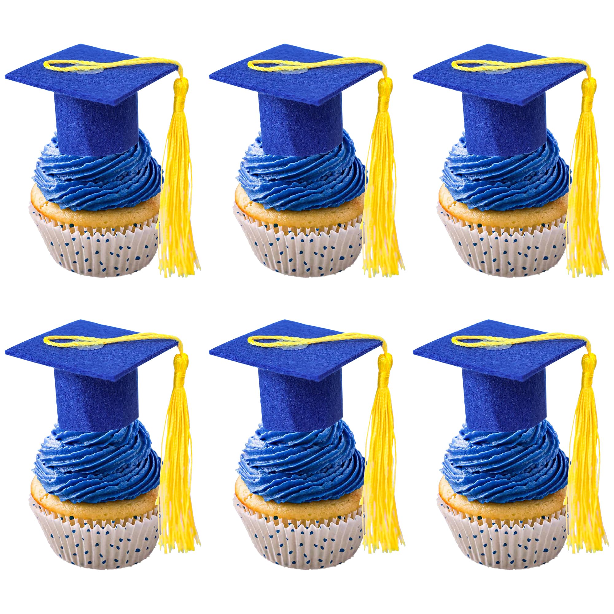 Ephlyn 24Pcs 2026 Graduation Cap Cupcake Toppers DIY 2026 Congrats 3D Grad Cap Cupcake Picks with Gold Tassels for 2026 School Boys Girls Graduate