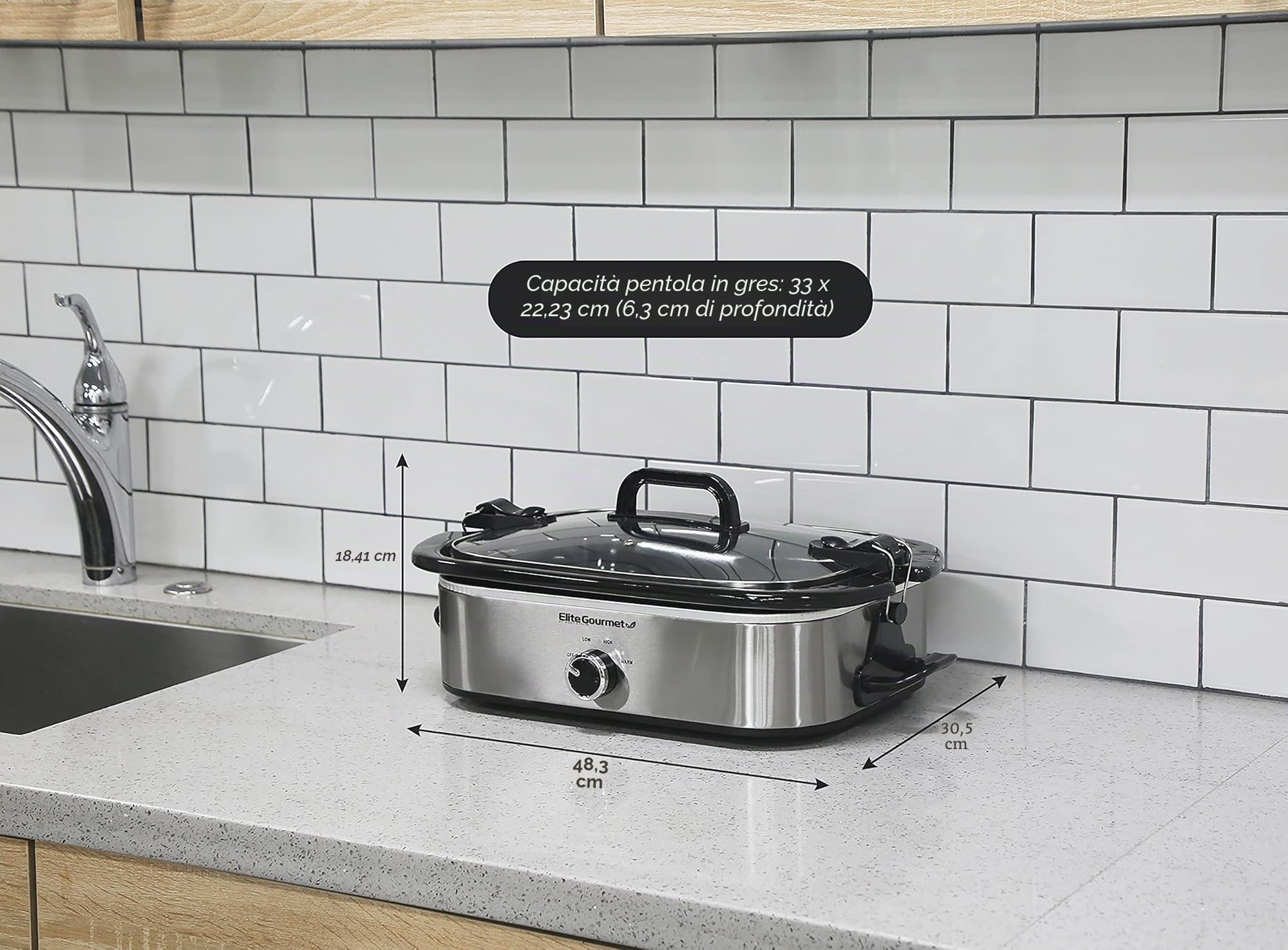 Elite Gourmet, Casseruola per cottura lenta MST-5240SS, coperchio con blocco, temperatura regolabile, mantenimento in caldo, adatta a forno e lavastoviglie, capacità 3,3 l, acciaio inox