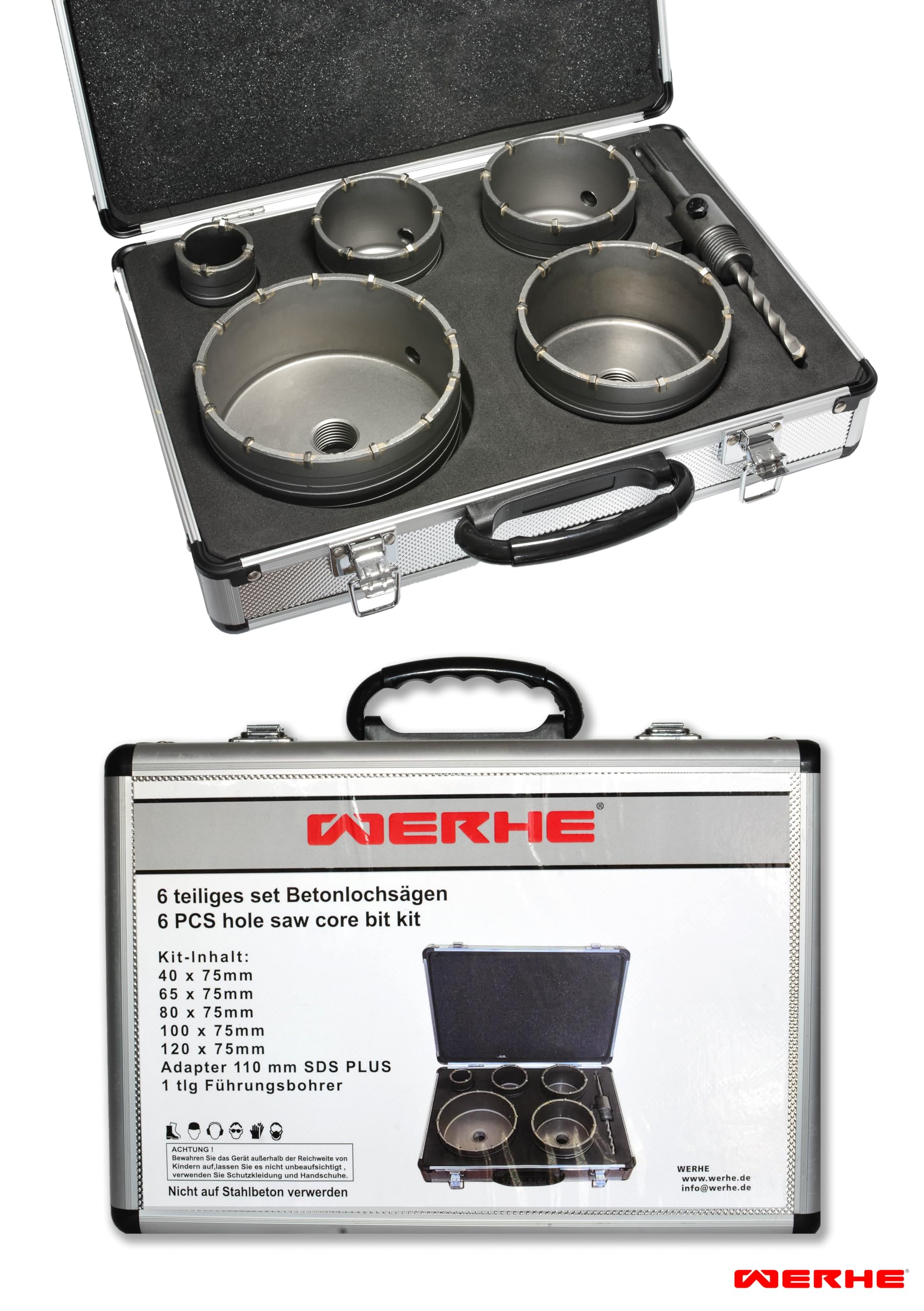WERHE Set Sega a Tazza per Calcestruzzo 6 Pezzi, 40-120 mm, SDS Plus | denti in metallo duro, profondità di foratura 75 mm, M22 filettatura, valigetta da trasporto con inserto in schiuma