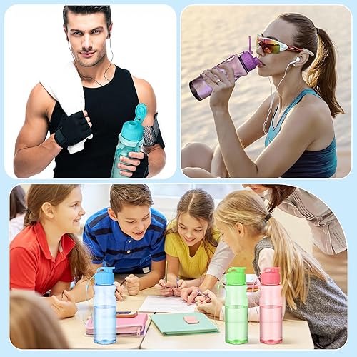 Miniatura 6 de 24 botellas de agua de plástico para niños, botellas de agua reutilizables de 17 onzas a prueba de fugas, con tapa abatible, con correa de asa