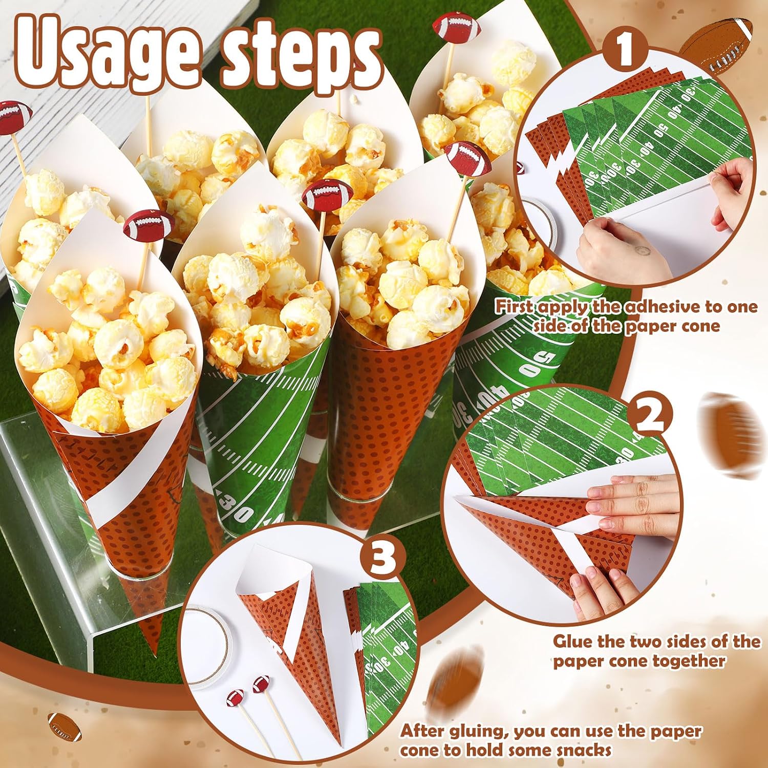 Jingmore 320 Pcs Football Party Supplies Kit Football Popcorn Cones Cups with Cocktail Picks for Charcuterie Food Appetizers Snacks, Food Boxes for Party Favors Decorations