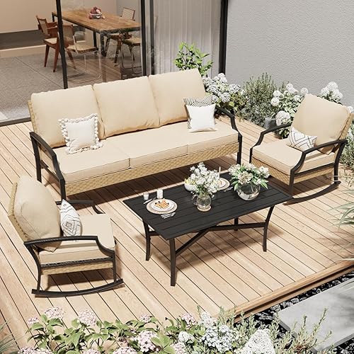 AECOJOY Juego de muebles de patio, modernos muebles de patio al aire libre con mecedora y mesa auxiliar, 4 piezas de mimbre de ratán para