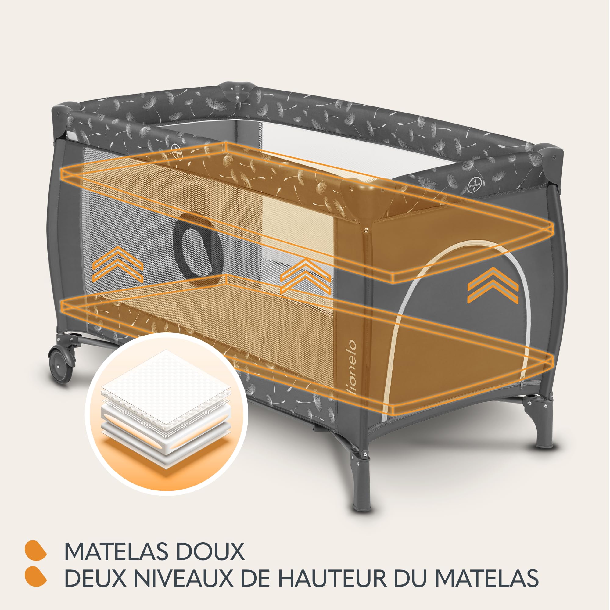 lionelo Sven Plus boîte 2 en 1 lit bébé, Table à Langer, Jouets, baldaquin Suspendu avec moustiquaire, entrée latérale supplémentaire Rouleaux, Mobiles