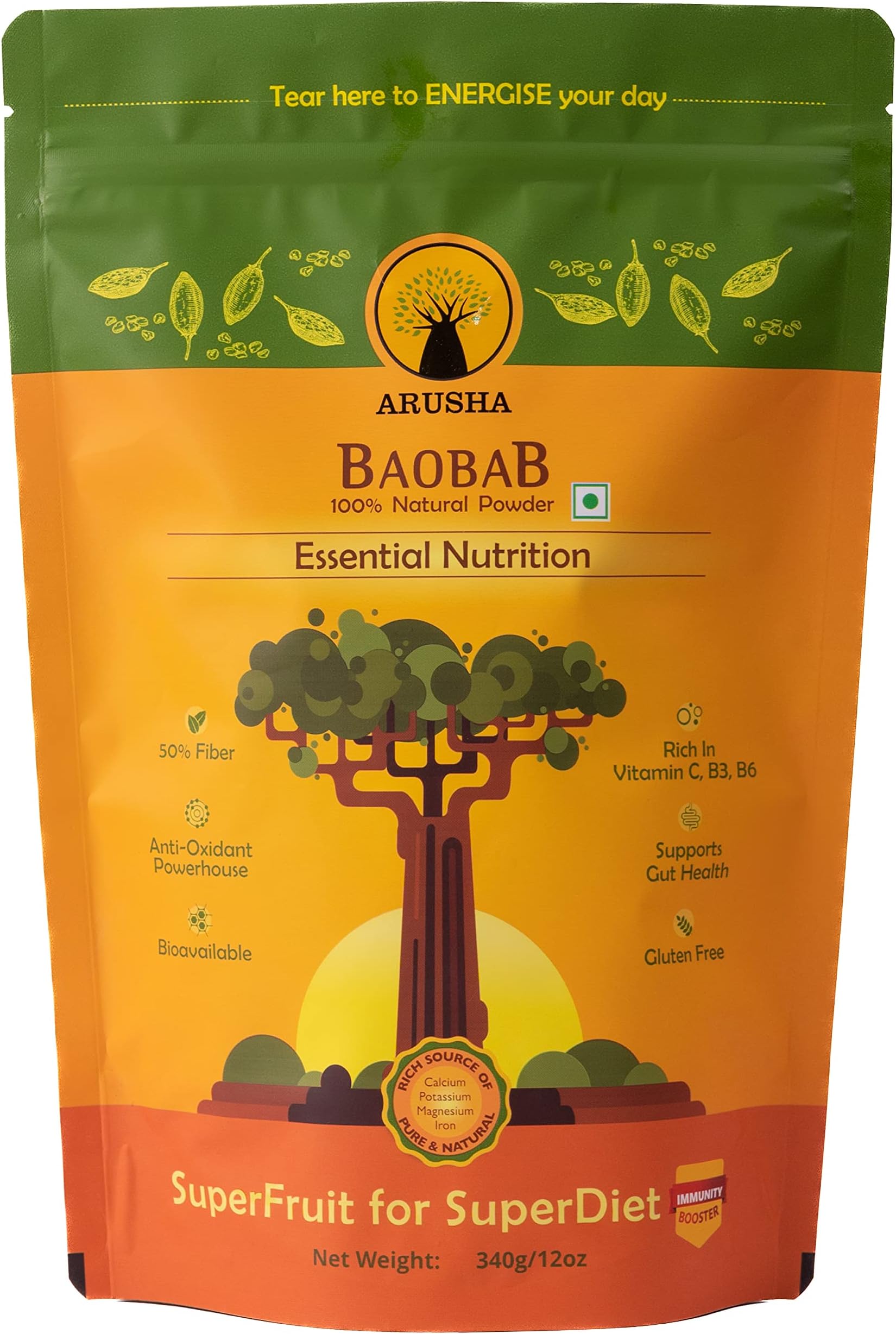 Arusha Baobab Powder 340gm | 34 servings | Superfood | Only 1 Ingredient | 100% Natural | No Preservatives | Best for the Gut Health | 50% Dietary Fiber | More Antioxidants than Blueberries | Rich in Vitamin C, B | Source of Potassium, Magnesium, Iron, Calcium | Vegan | Bioavailable