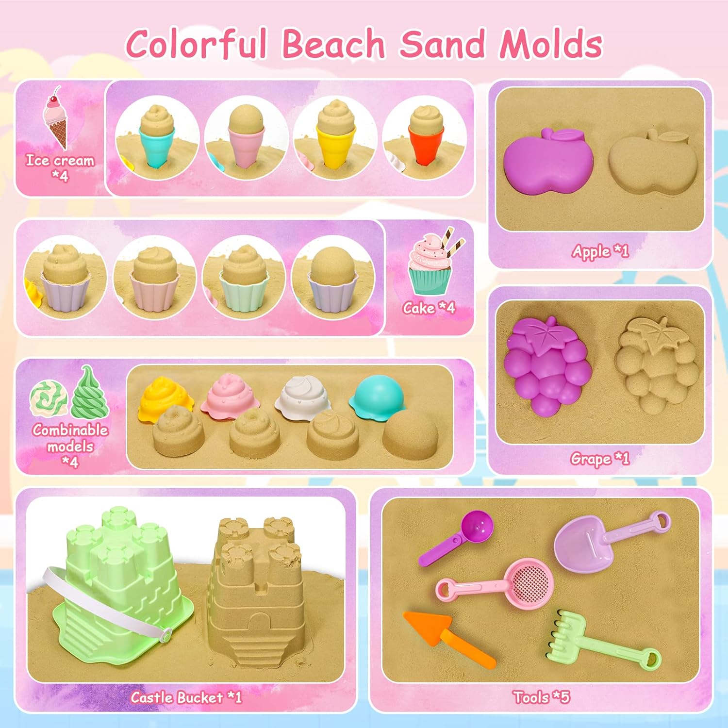 Tagitary Beach Sand Toys for Kids, Beach Toys 23PCS Set with Ice Cream Cake Sand Molds, Mesh Beach Bag, Bucket, Watering Can, Shovel, Rake - Ideal for Toddler Sandbox, Outdoor Play and Beach Travel
