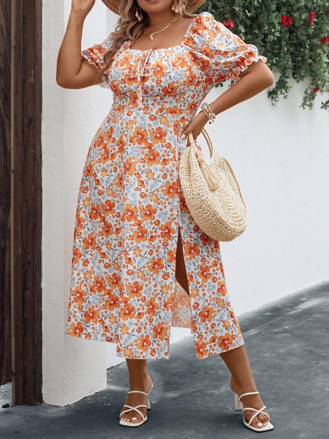 Floerns Women's Plus Size Floral Print Tie Front Square Neck Slit Hem Midi Dress - Image 5