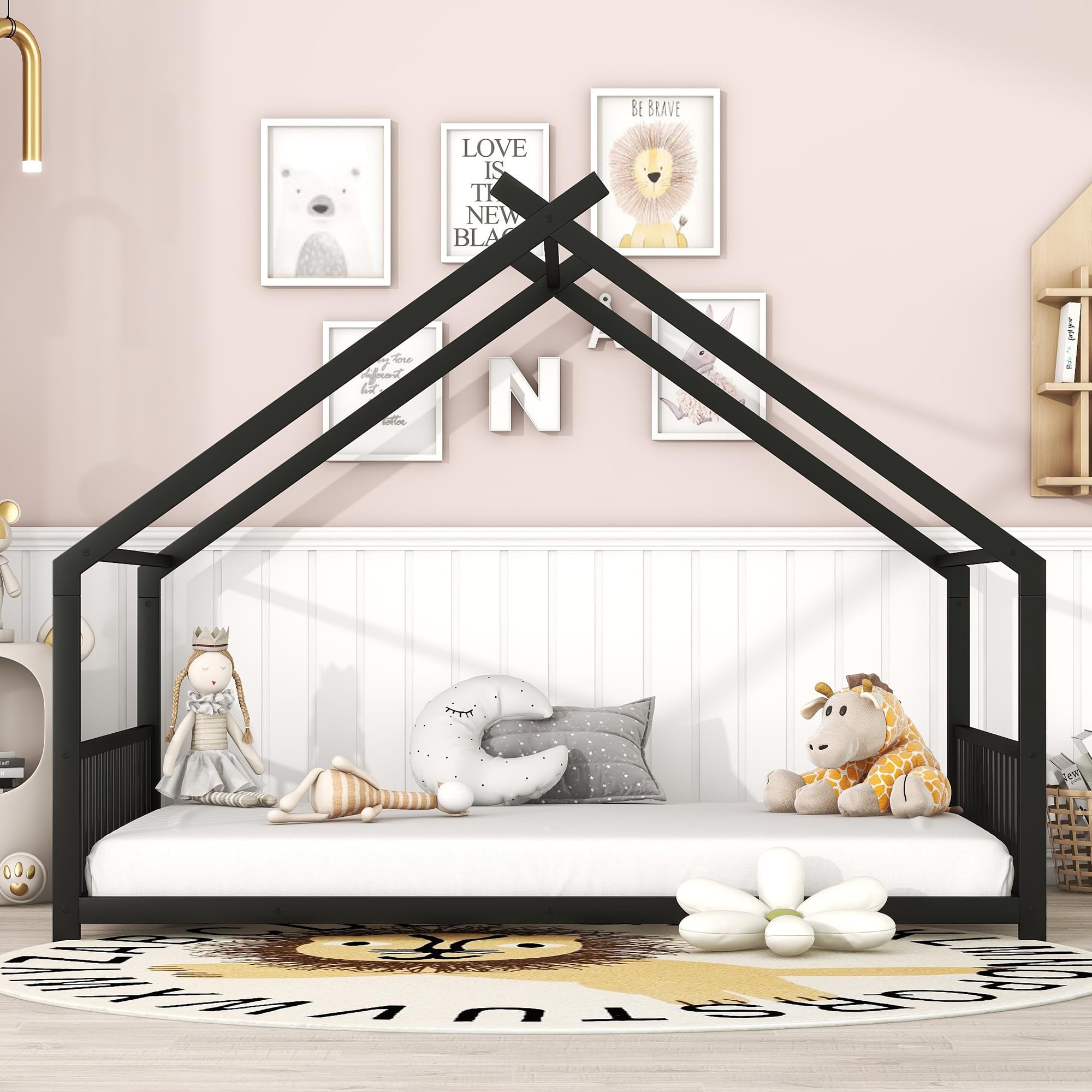 Harper & Bright Designs Full Size Floor Bed Frame with Roof, Metal Montessori Bed with Headboard and Footboard, Playhouse Bed Frame for Boys,Girls,