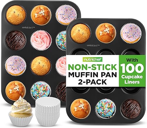 Vista 8 de NutriChef Moldes antiadherentes para magdalenas de 12 tazas para cupcakes, molde de 2 piezas para cupcakes, bandeja apilable de acero al carbono