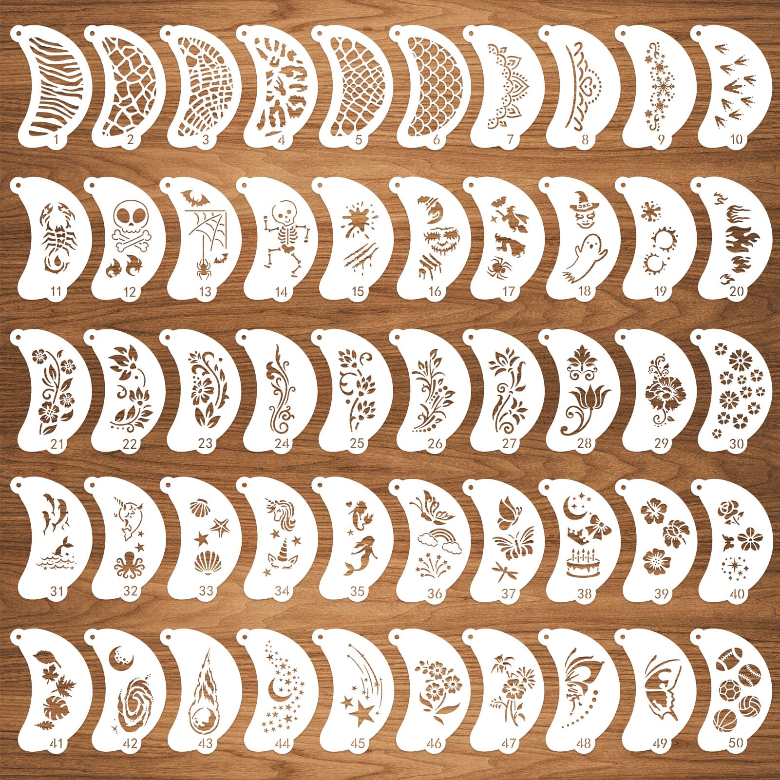 CODOHI 50 Pcs Face Paint Stencils, Body Facial Painting Templates, Diverse Designs for Makeup, Halloween, Party Art Painting