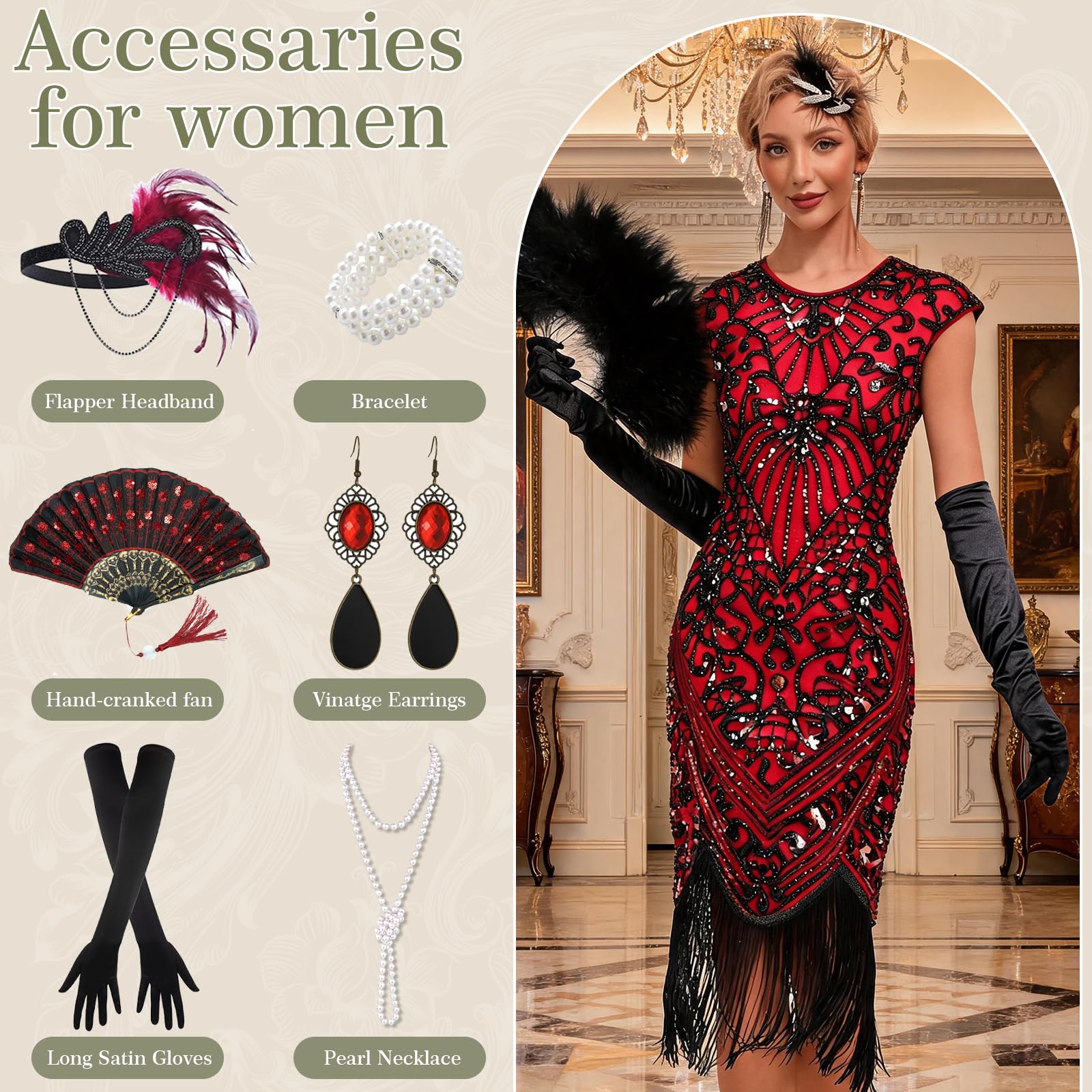 20er Jahre Kostüm Damen Gatsby Kleid Damen Flapper Kleid mit 20er Jahre Kleid Accessoires für Karneval Halloween Motto Party Faschingskostüme Outfit