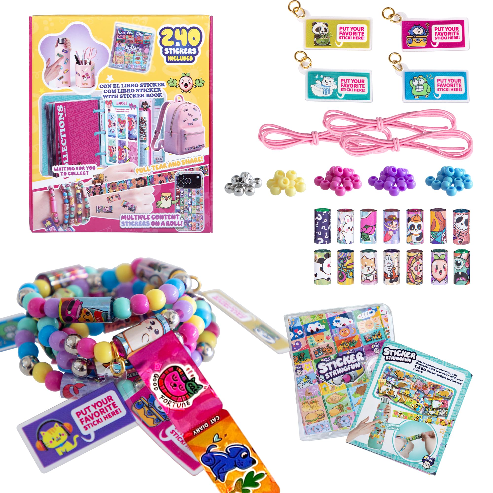 xouyhzy Creative Sticky Rolls Bracelet Kit–24 Surprise Sticker Rolls (240 Reusable Holographic Stickers)+1 Sticker Book+2 Necklaces,1 Bracelet&150