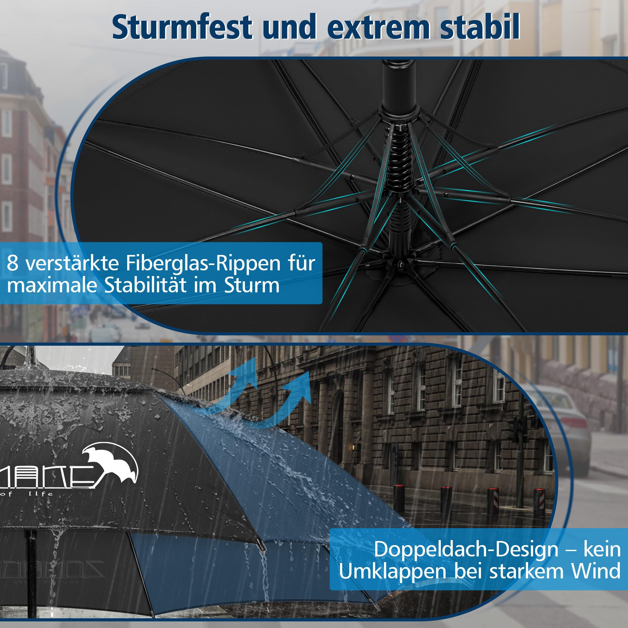 ZOMAKE Regenschirm Groß Sturmfest,XXL/XL Großer Golf Umbrella Sturmfest Automatik,Schirm Windfest Schwarz für 2 Personen,Golfschirm Stabil für Herren Damen Familie