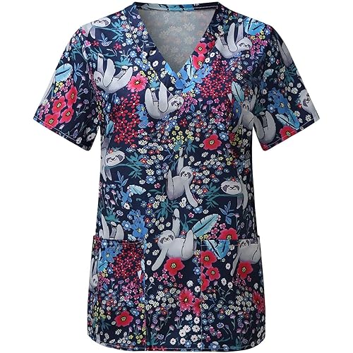 Valentines Day Scrub Tops Women Short Sleeve Nurse Working Uniform with Pocket Valentines Printed V Neck Graphic Tee