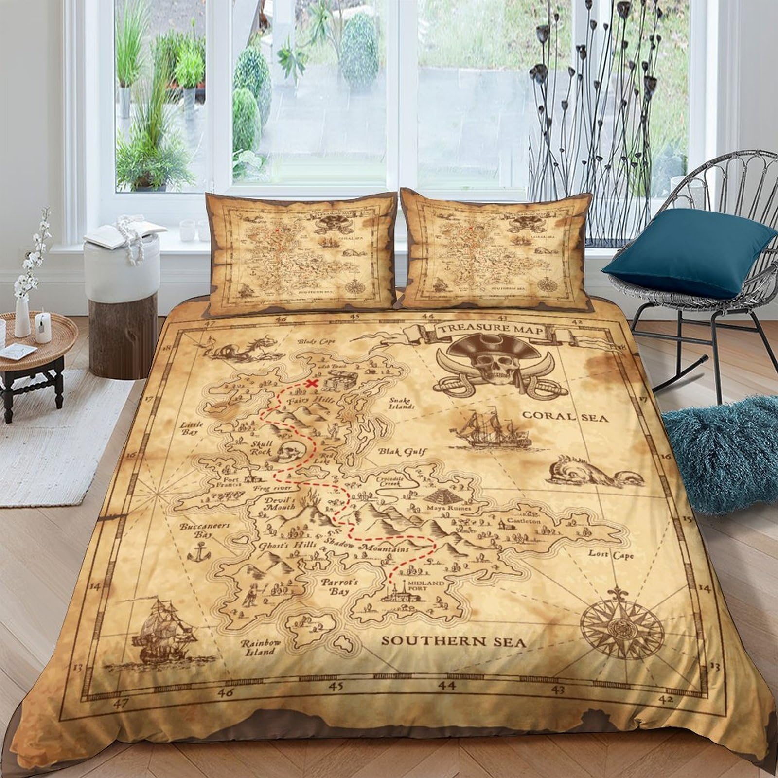 Ctjqhvkz Style-5 3D Printed Vintage Treasure Map Fitted Sheet Microfiber Soft Brown Antique World Bed Cover For Bedroom Guestroom Decor Single（135X200cm）