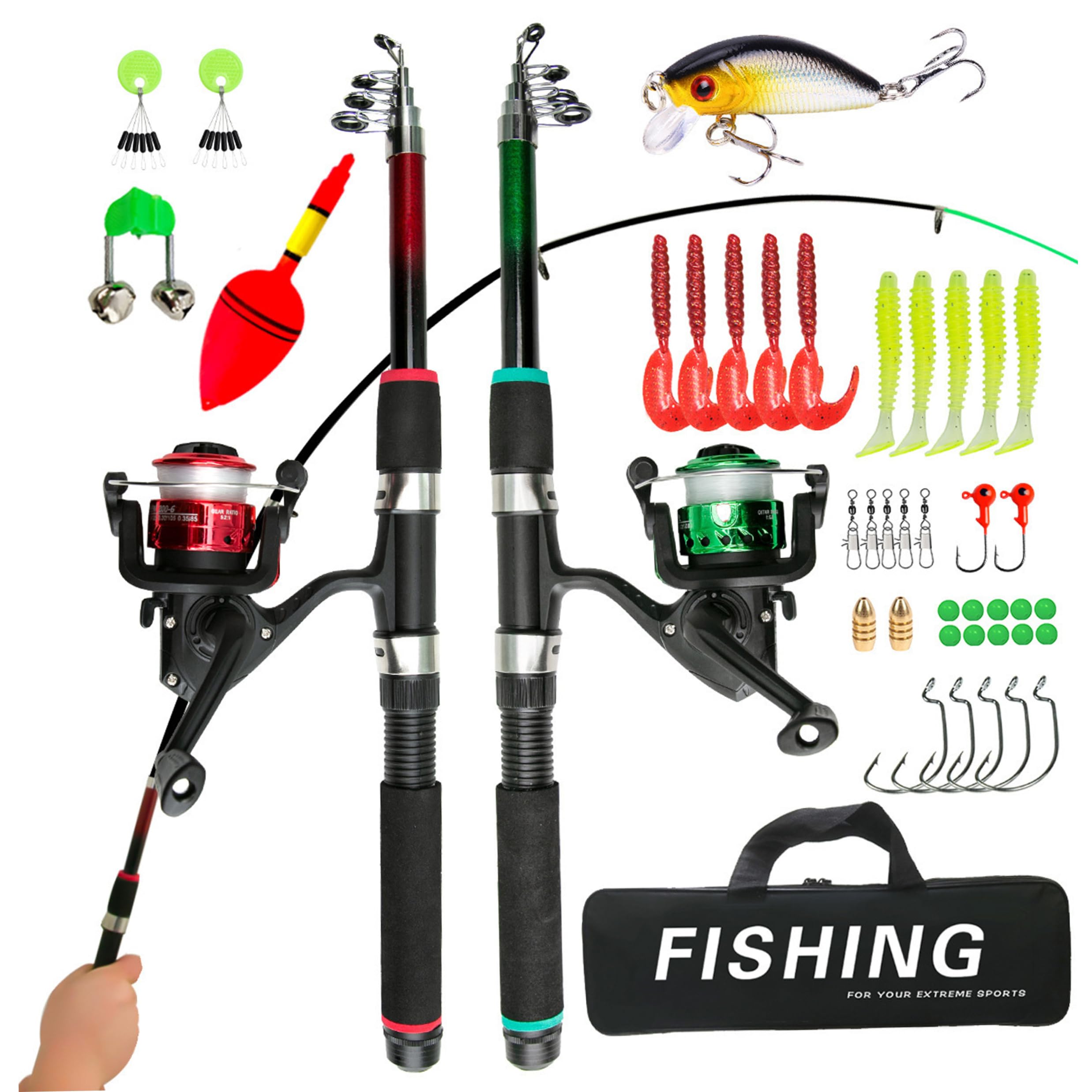Fishing Rods And Reels Set, Telescopic Fishing Rod, Kids Fishings Rod Starter Set With Lures, 1.8m, Red + Green
