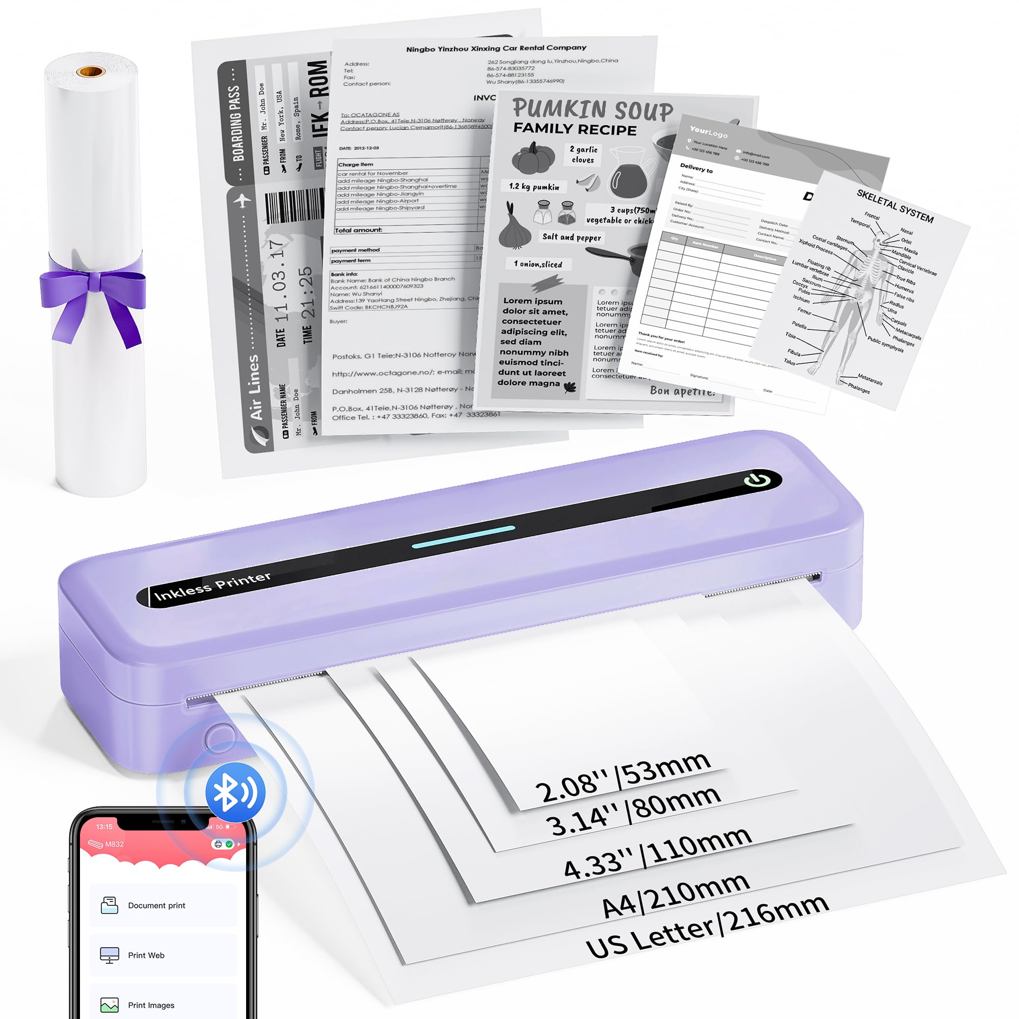 COLORWING Portable Printers Wireless for Travel, 300DPI Mini Compact Inkless Printer - Purple